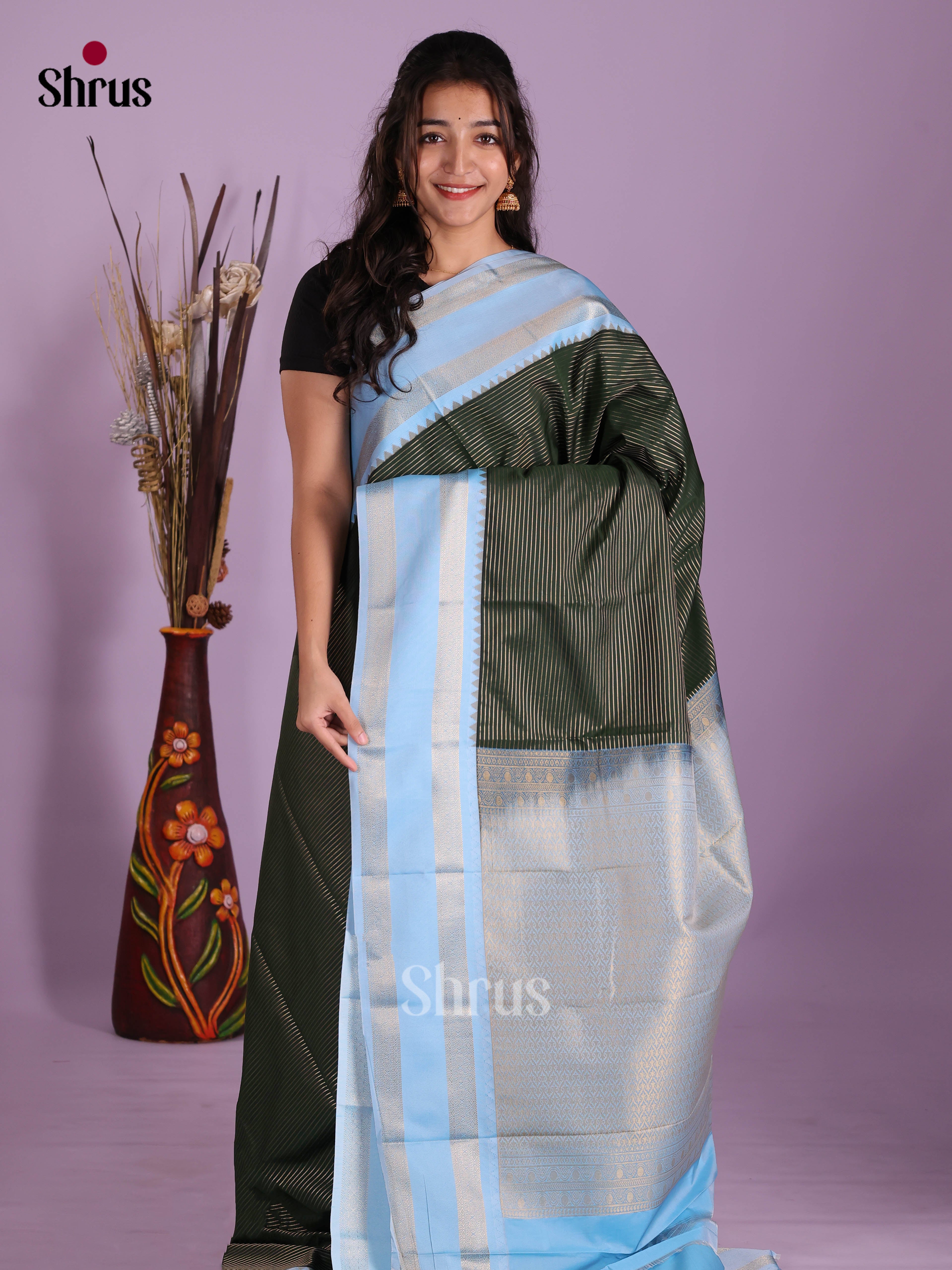 Dark Green & Blue- Semi Kanchipuram Saree - Shop on Shrus.com