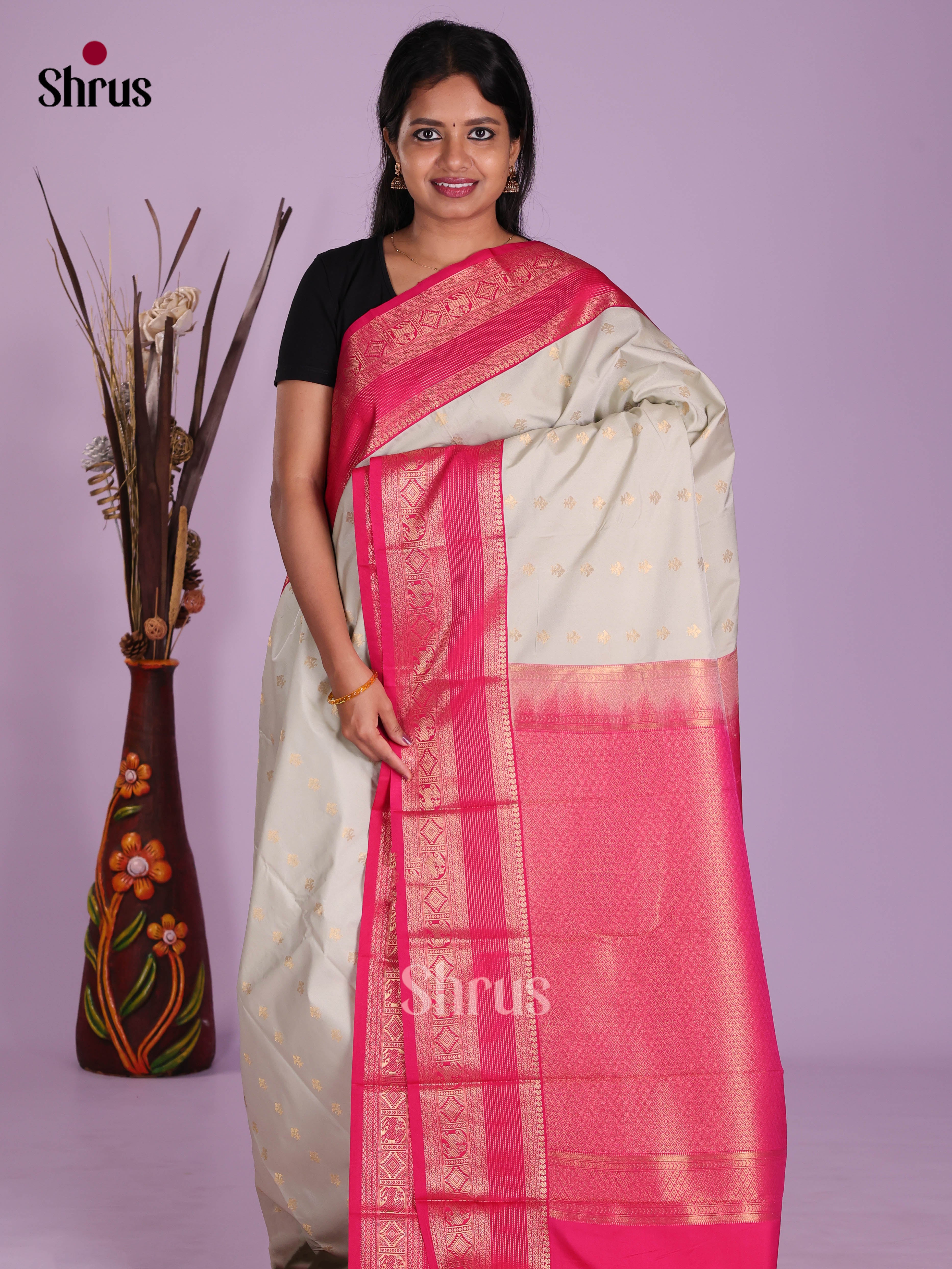 Grey & Pink - Semi Kanchipuram Saree