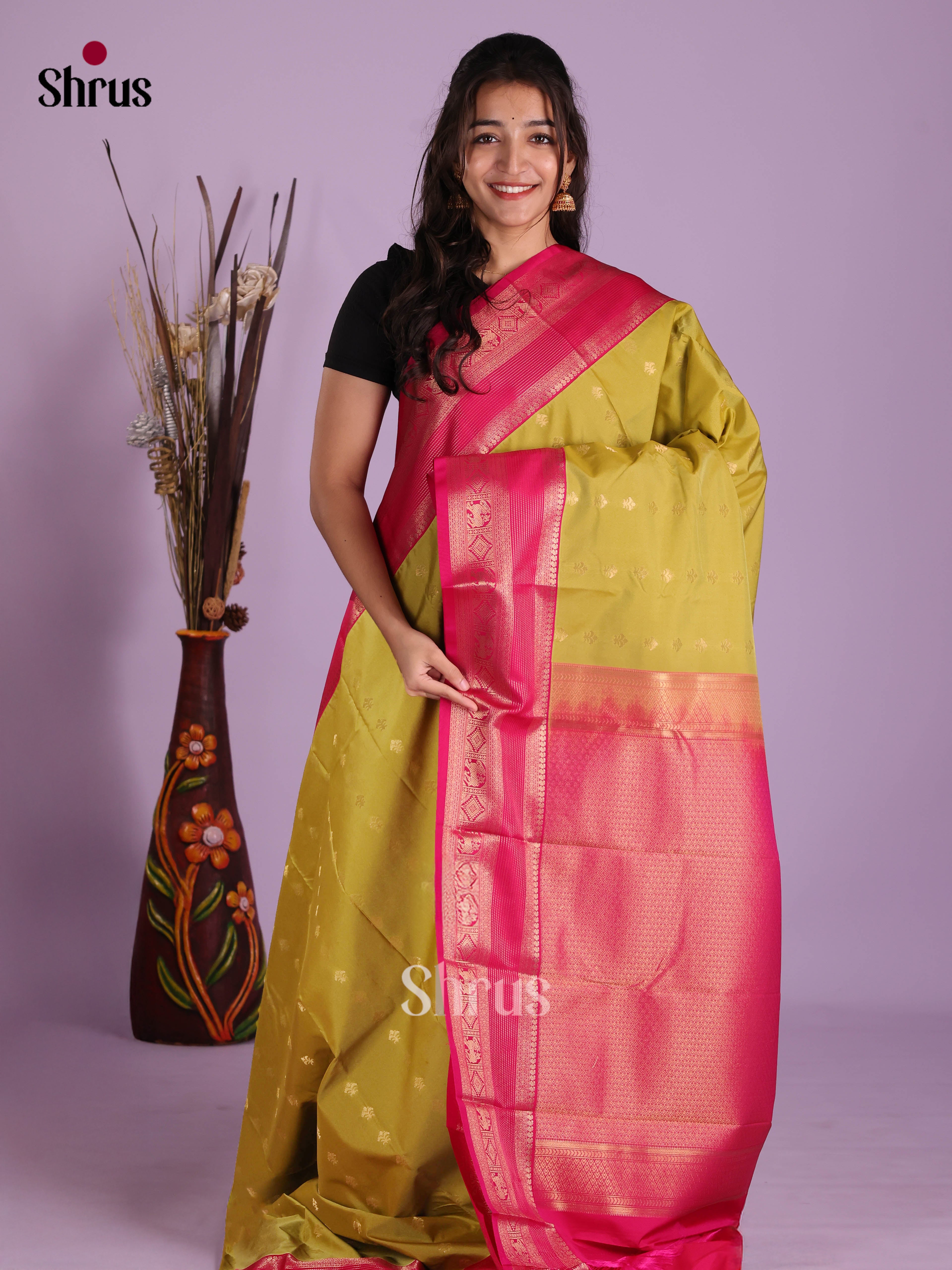 Mathulir Green & Pink - Semi Kanchipuram Saree - Shop on Shrus.com