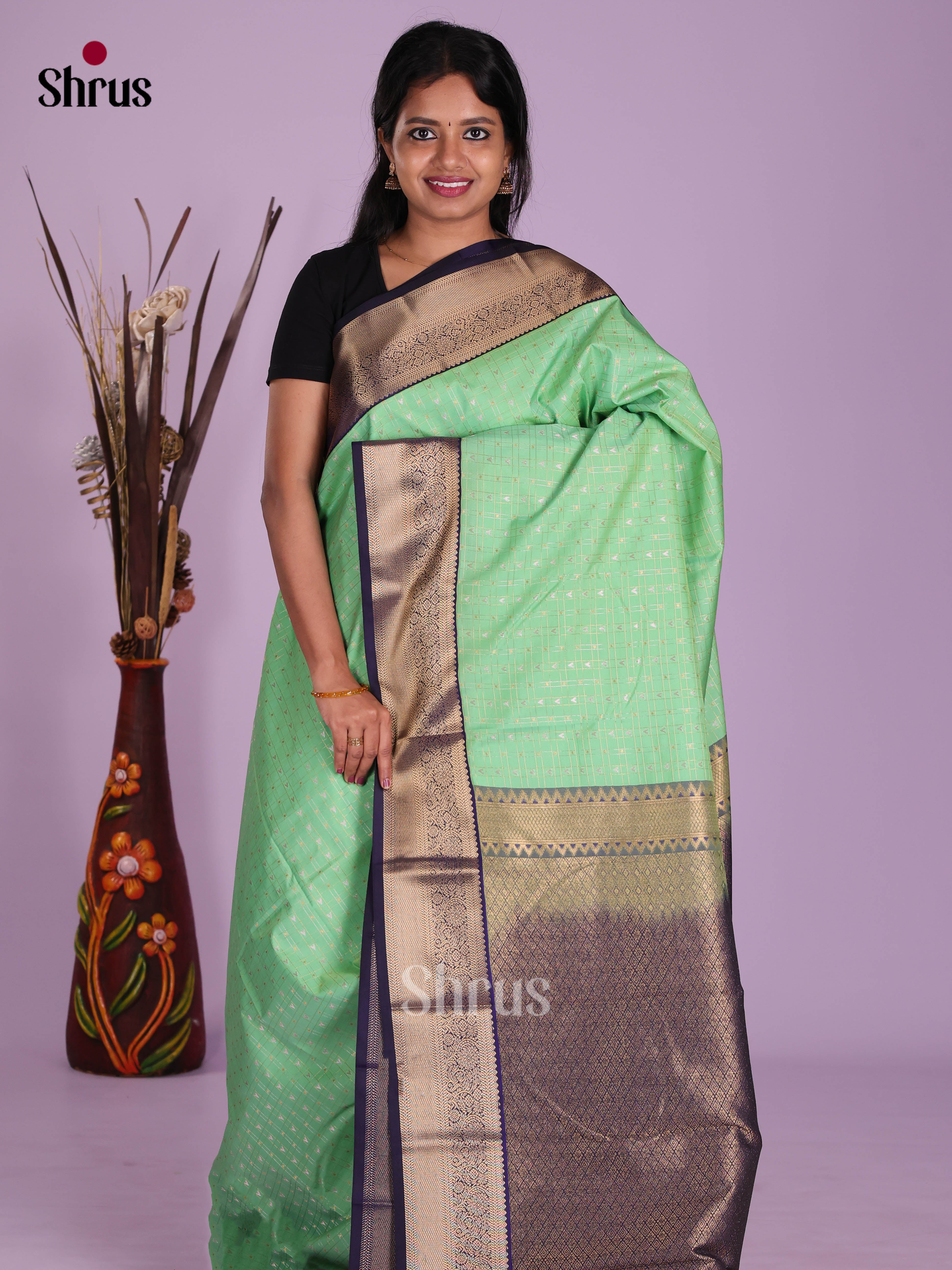 Pista Green & Blue - Semi Kanchipuram Saree