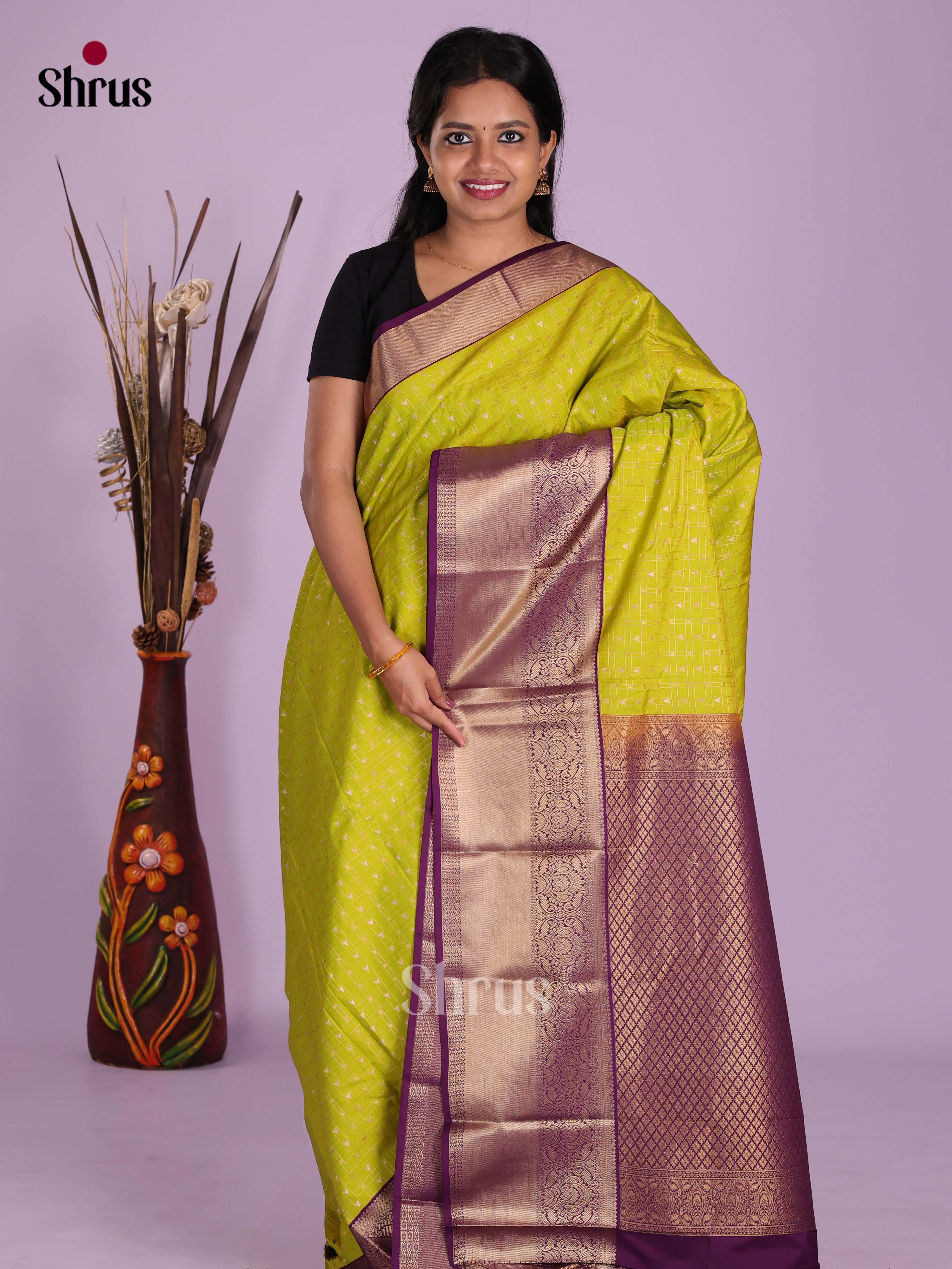 Lime Green & Violet - Semi Kanchipuram Saree