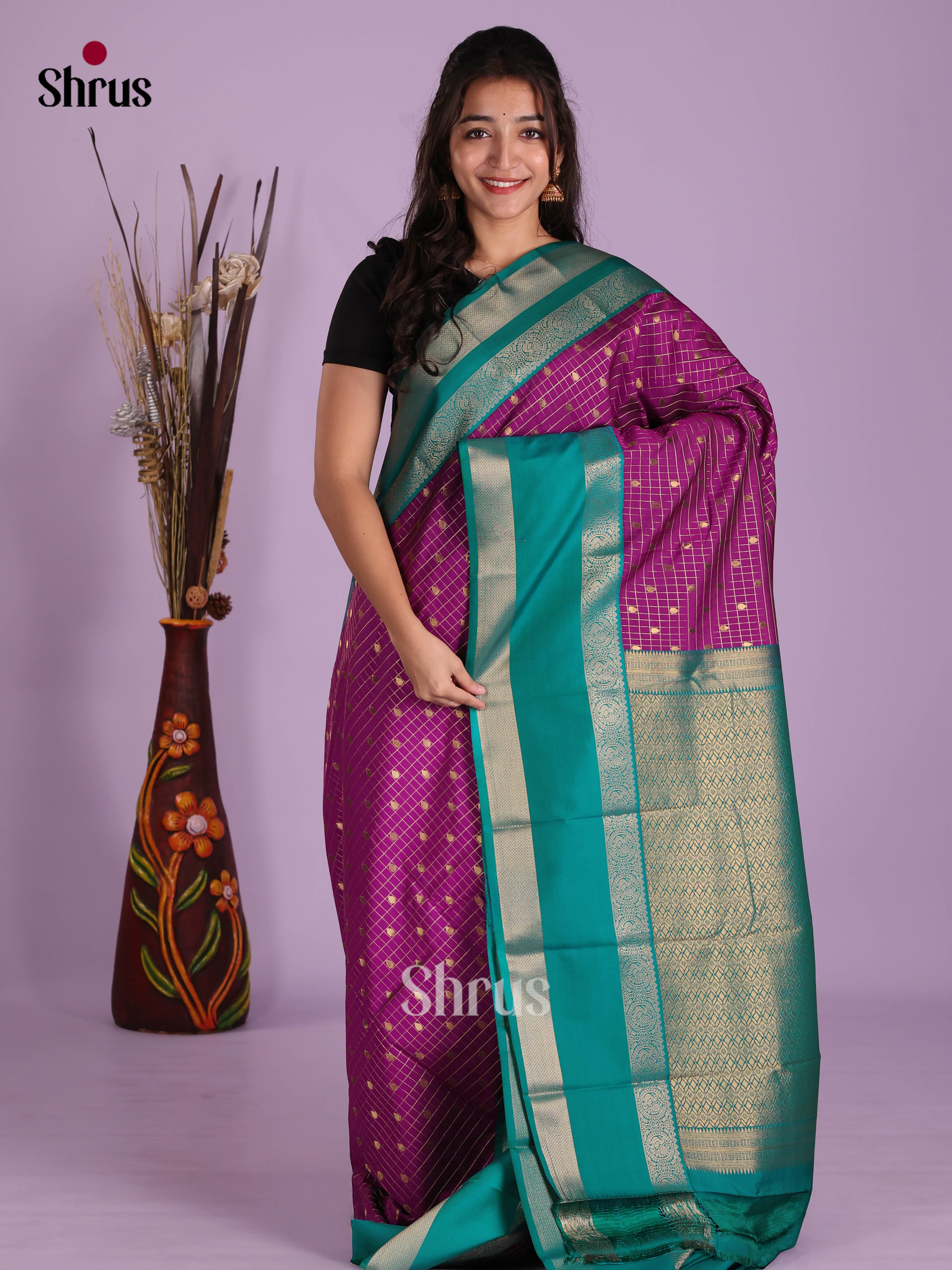 Dark Purple & Green - Semi Kanchipuram Saree