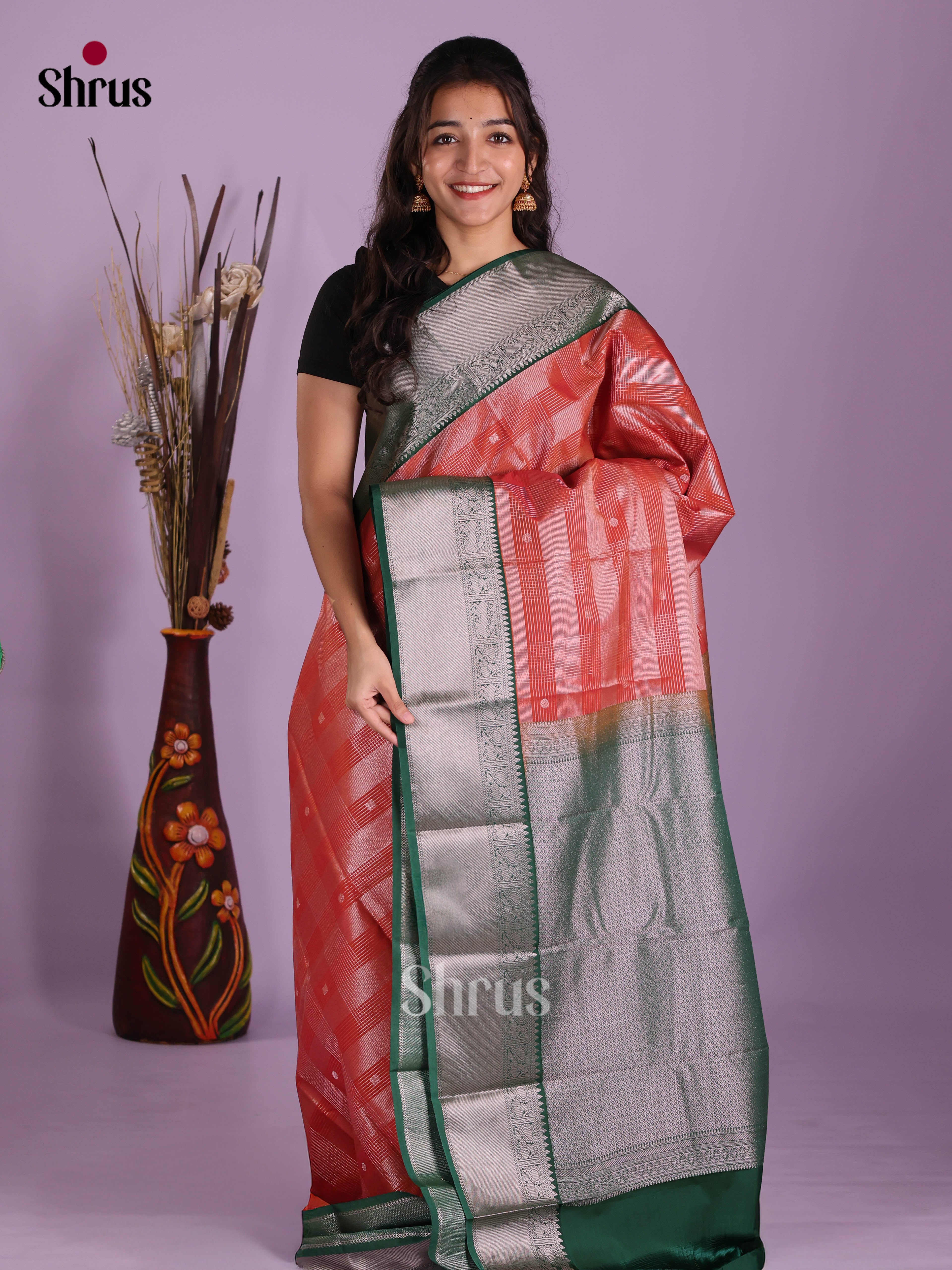 Red & Green - Semi Kanchipuram Saree - Shop on Shrus.com
