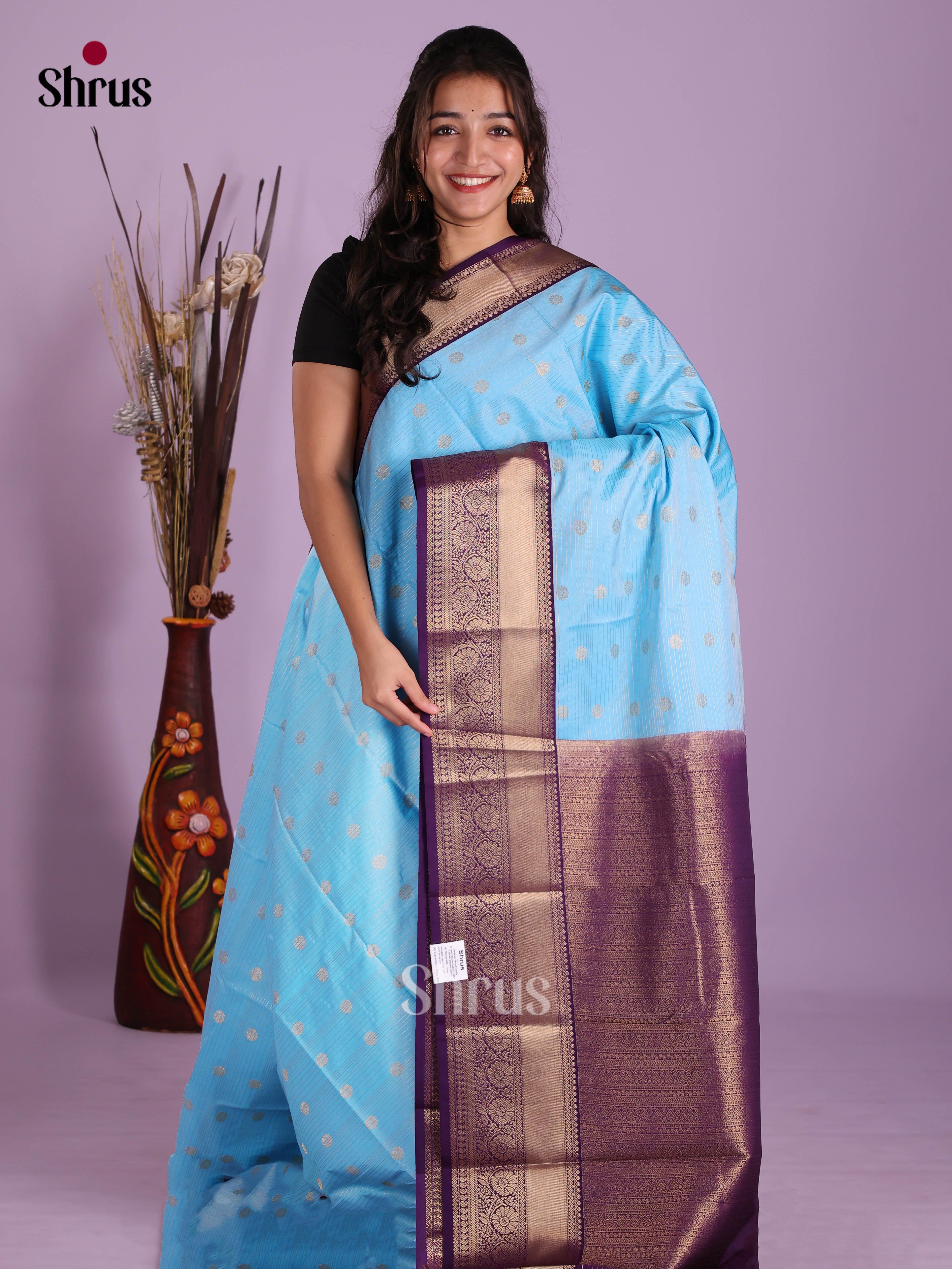 Light Blue & Violet - Semi Kanchipuram Saree - Shop on Shrus.com