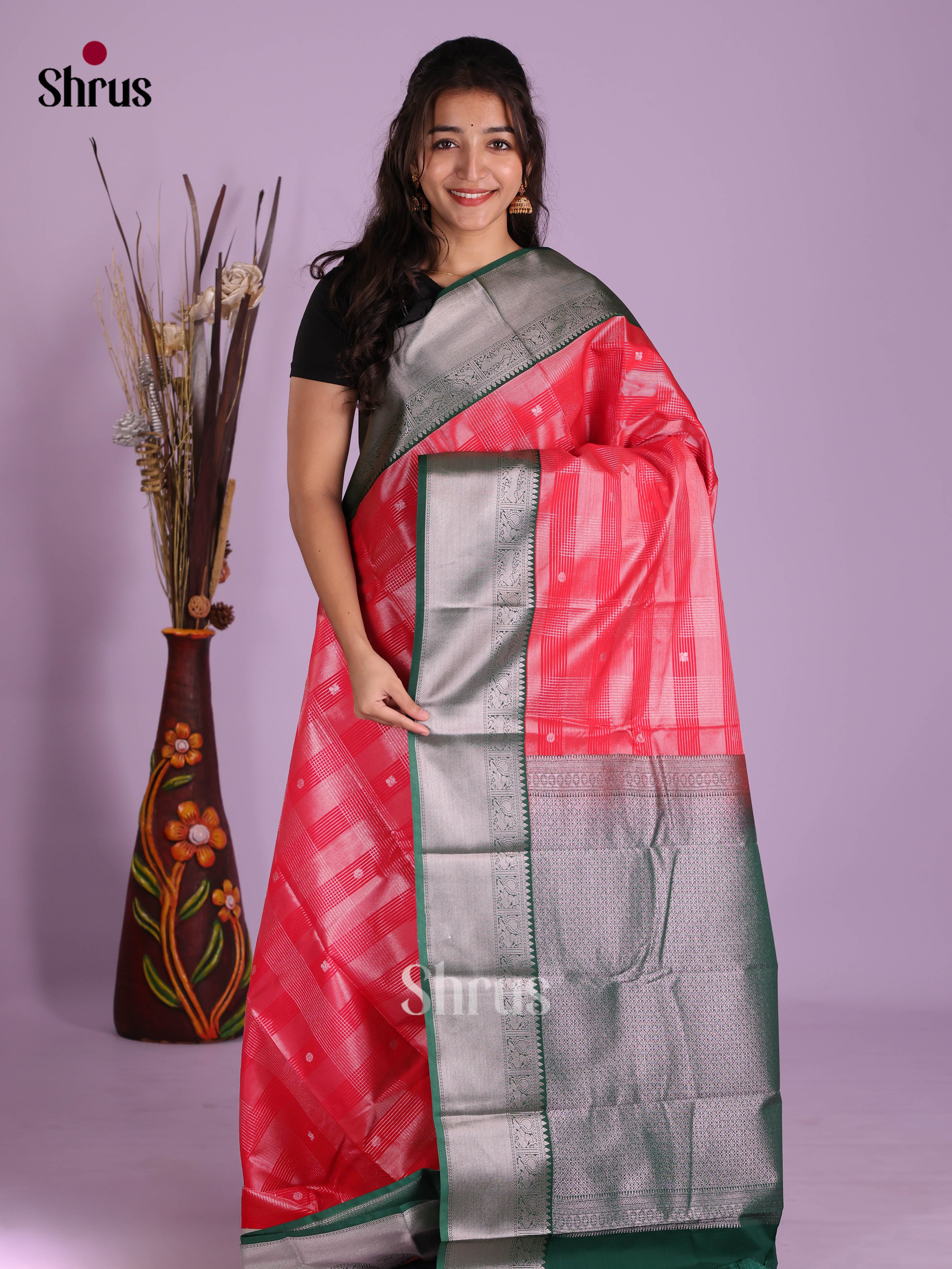 Reddish Pink & Green- Semi Kanchipuram Saree - Shop on Shrus.com