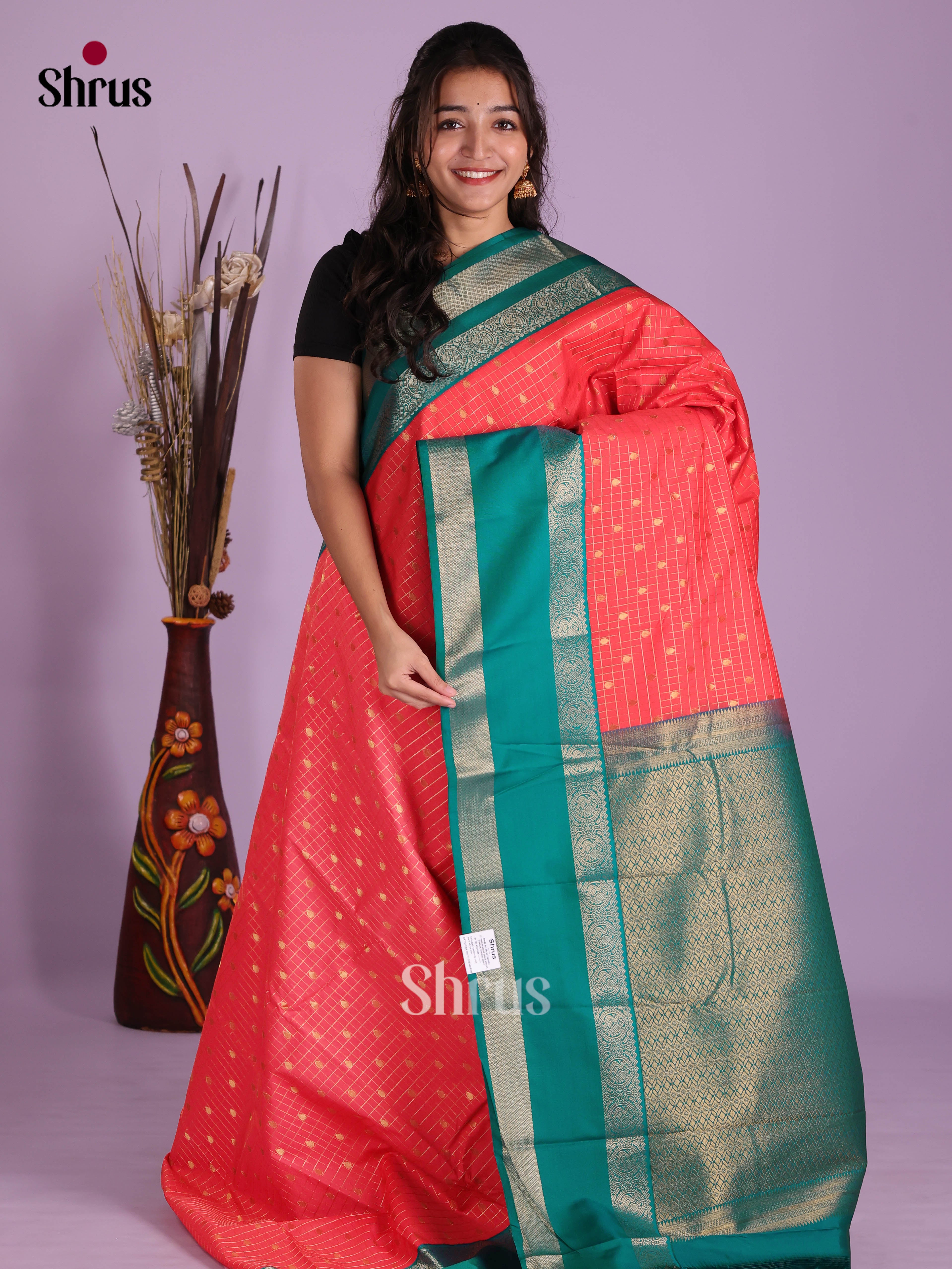 Orangish Pink & Green- Semi Kanchipuram Saree