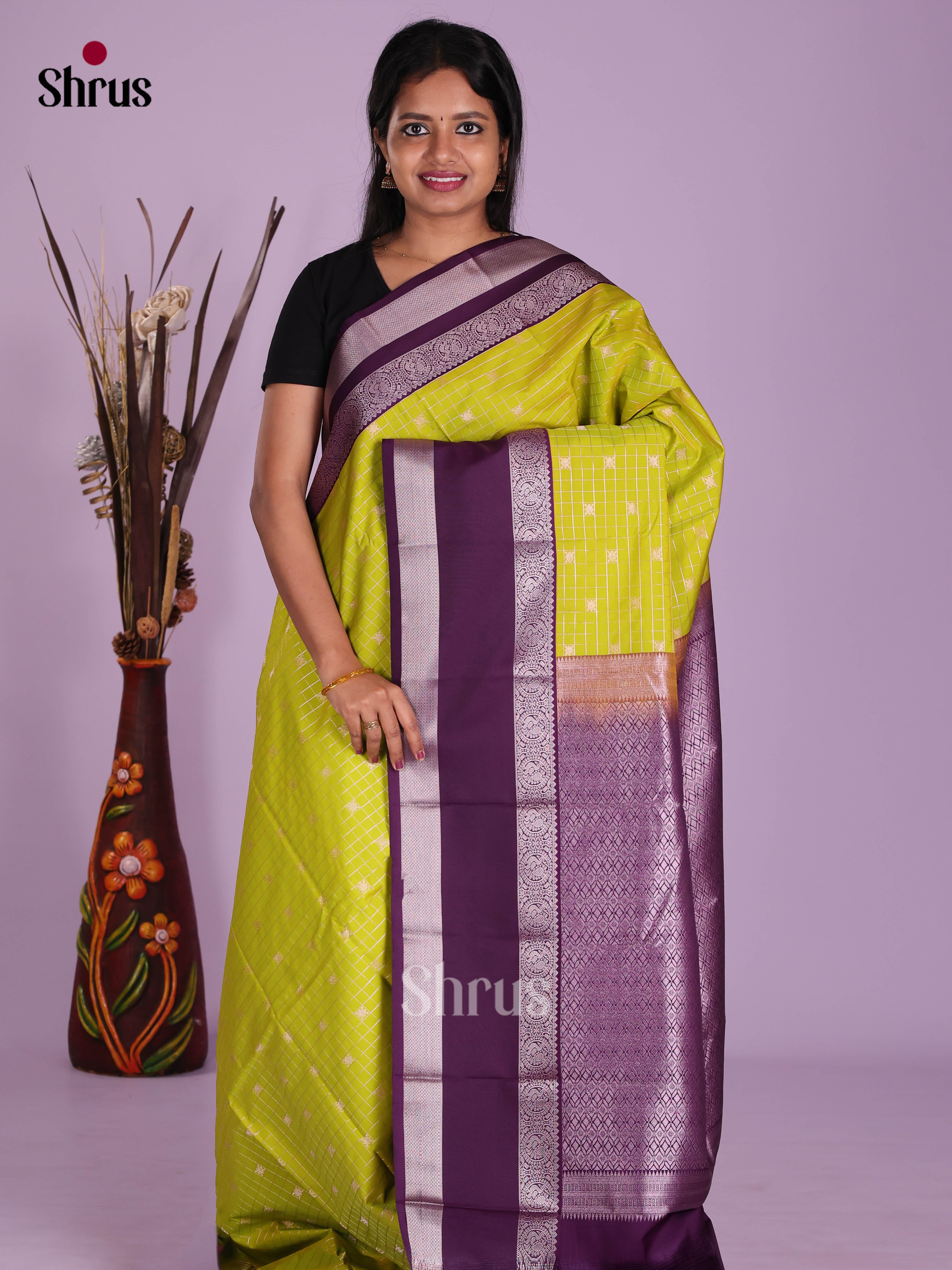 Lime Green & Violet- Semi Kanchipuram Saree
