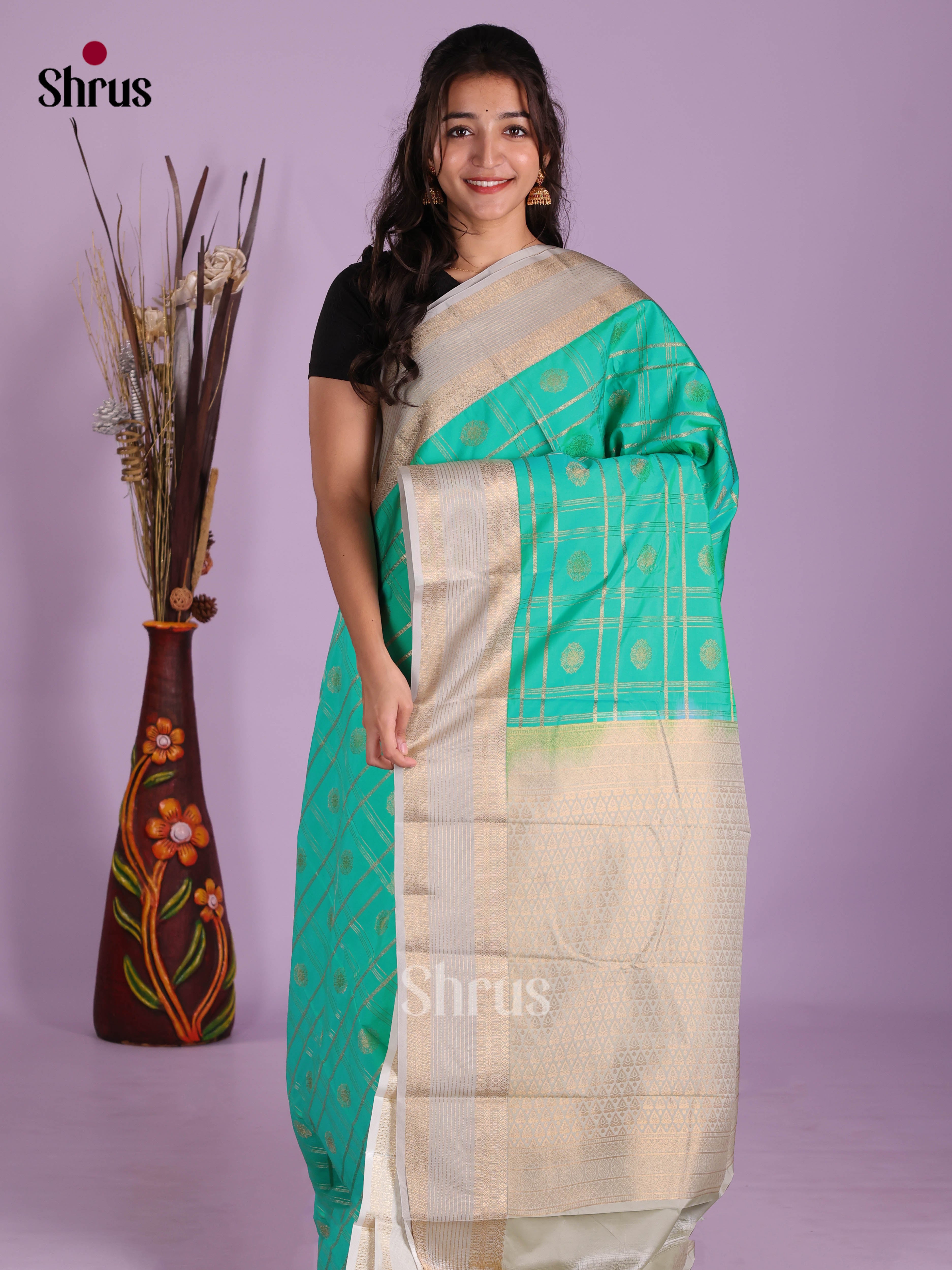 Teal Green & Grey - Semi Kanchipuram Saree