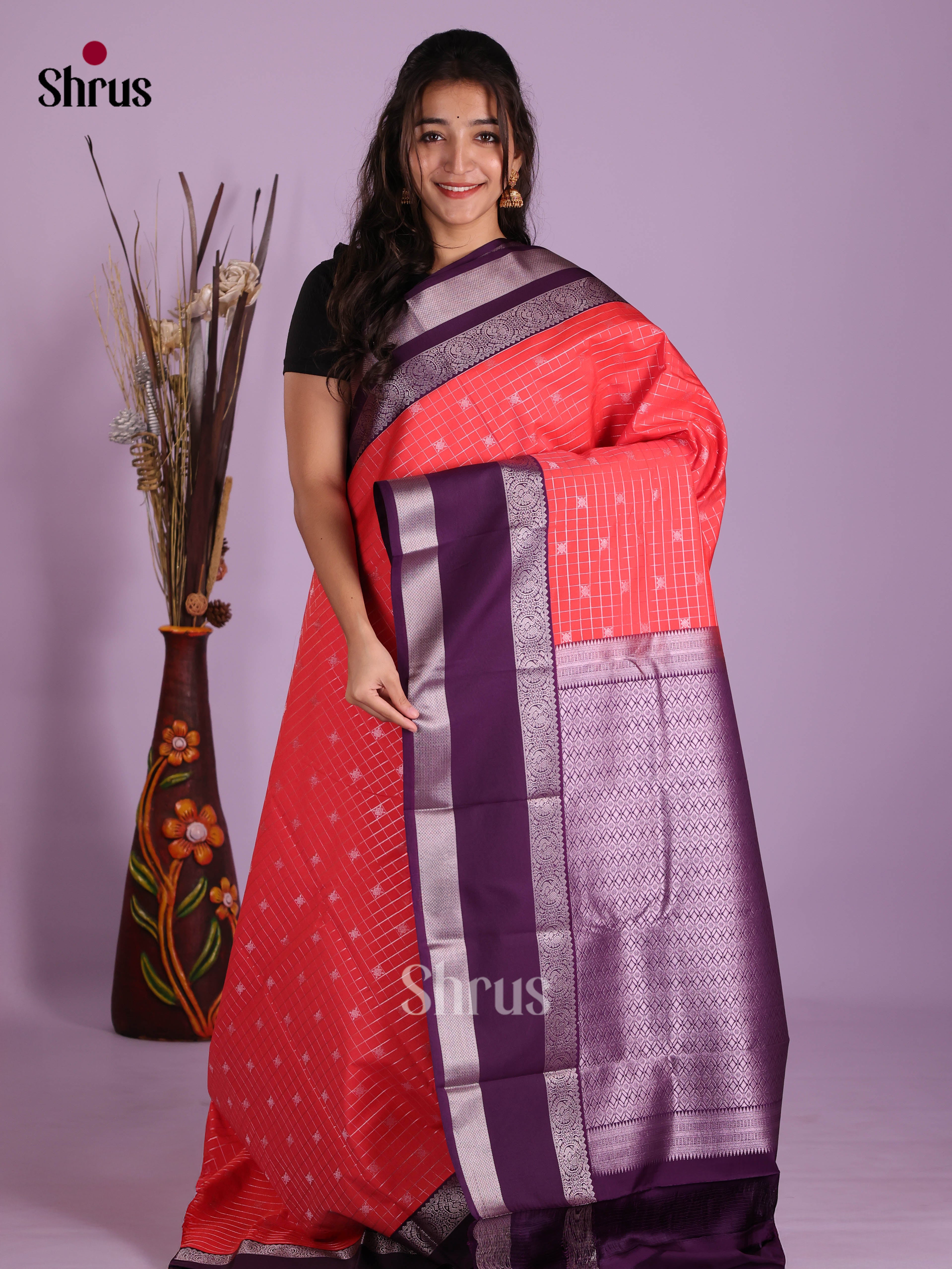 Orangish Pink & Violet- Semi Kanchipuram Saree