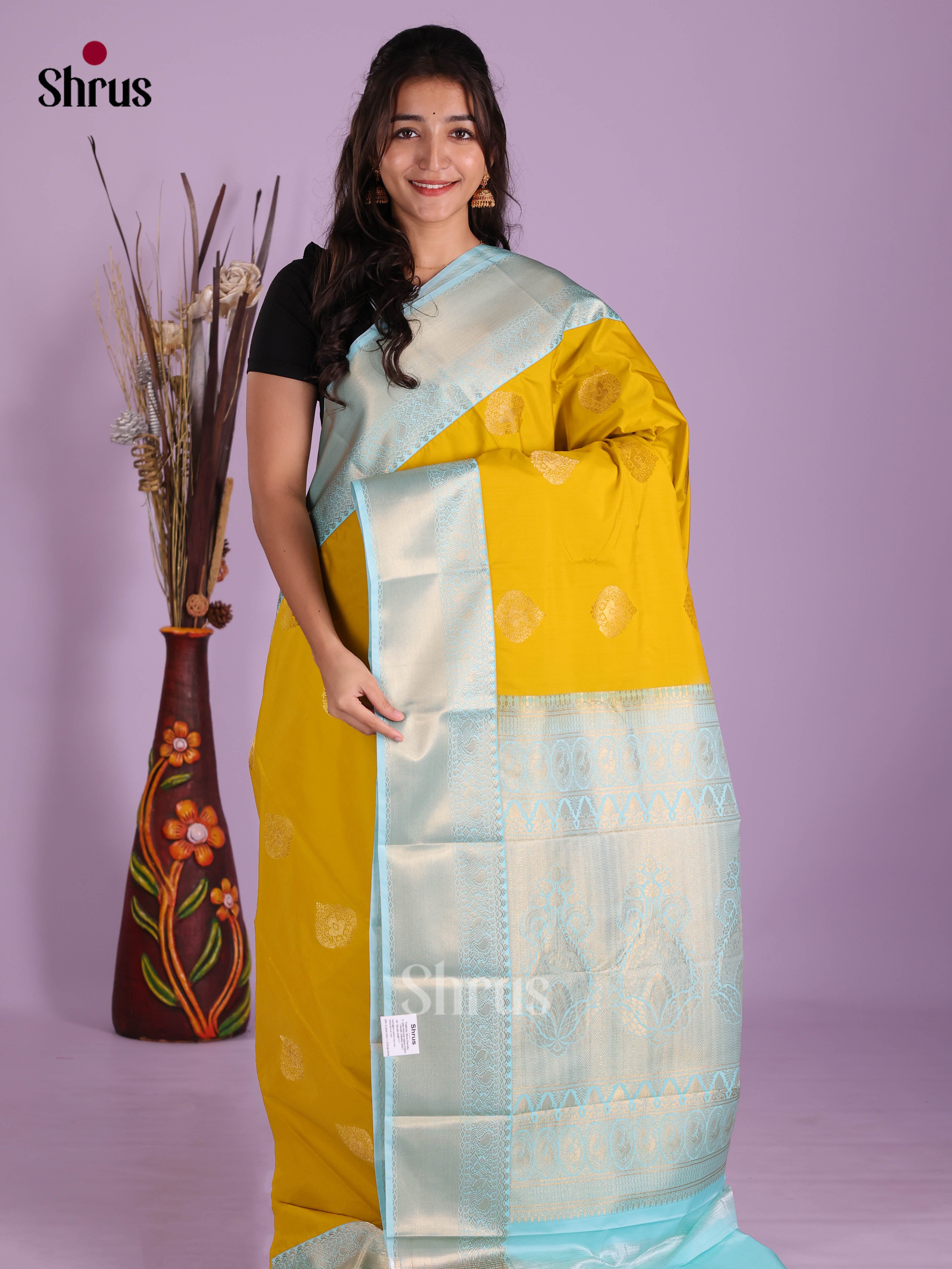 Mango Yellow & Light Blue- Semi Kanchipuram Saree
