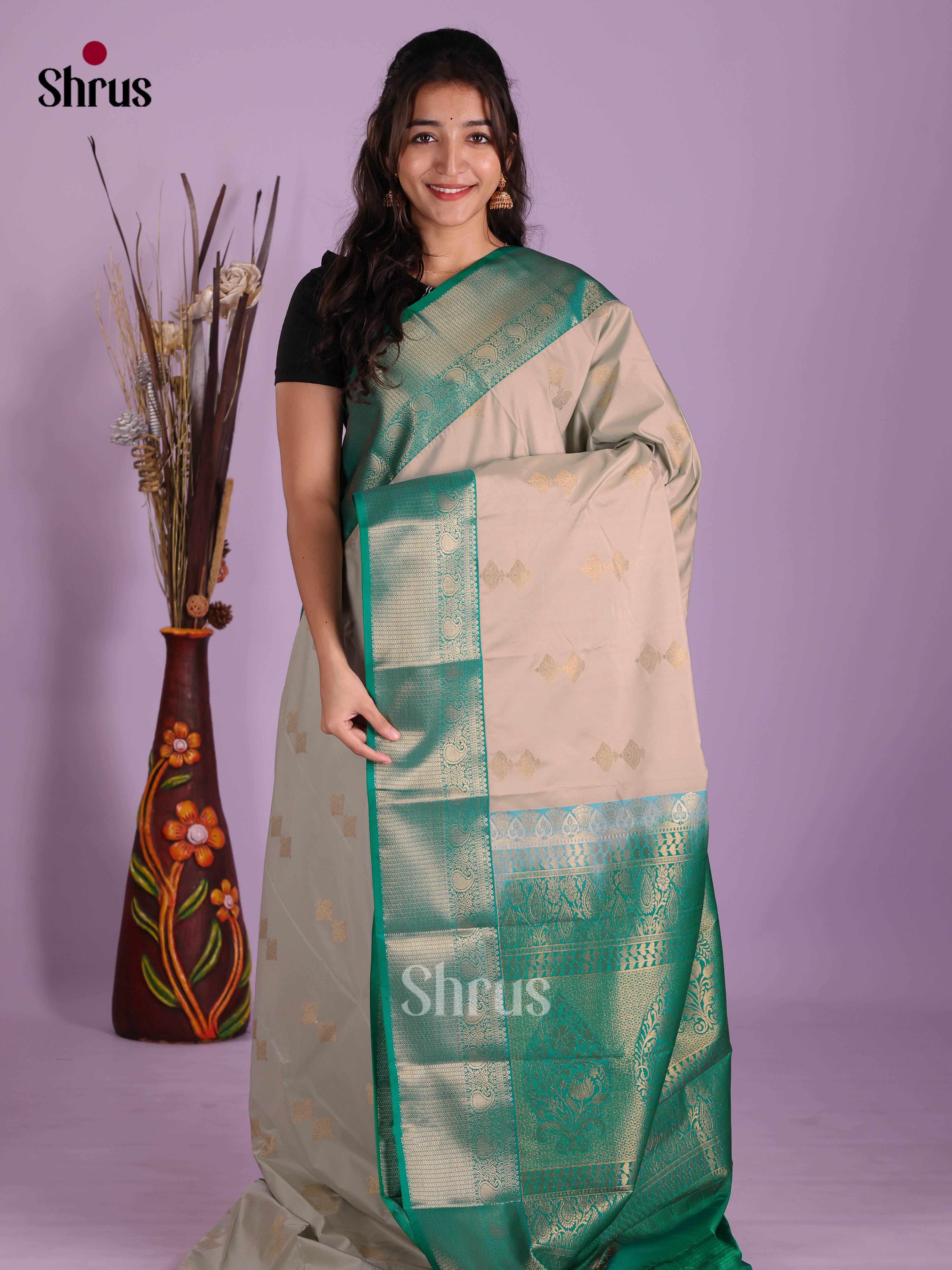 Grey & Green- Semi Kanchipuram Saree - Shop on Shrus.com
