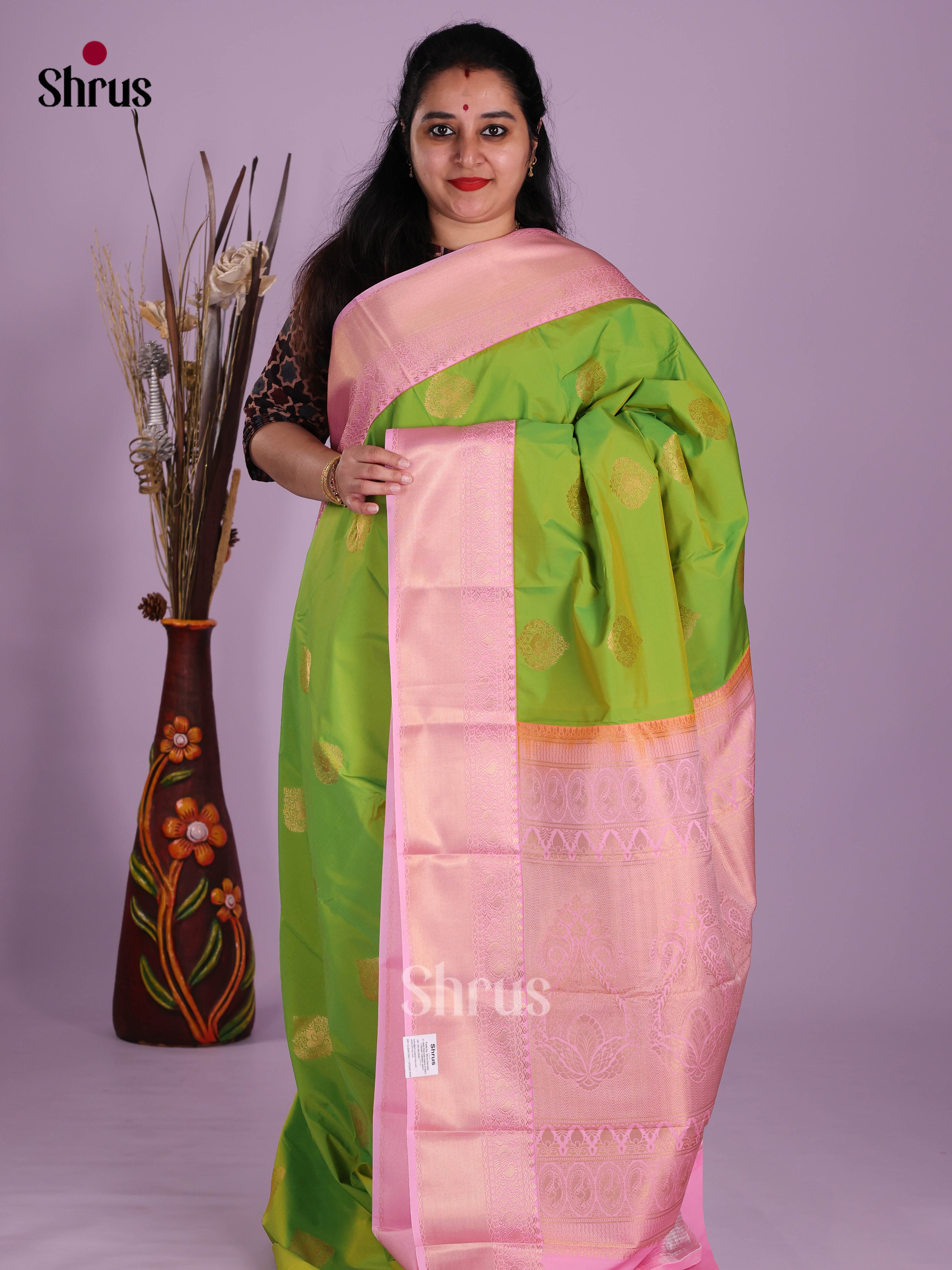 Parrot Green & Lavender- Semi Kanchipuram Saree
