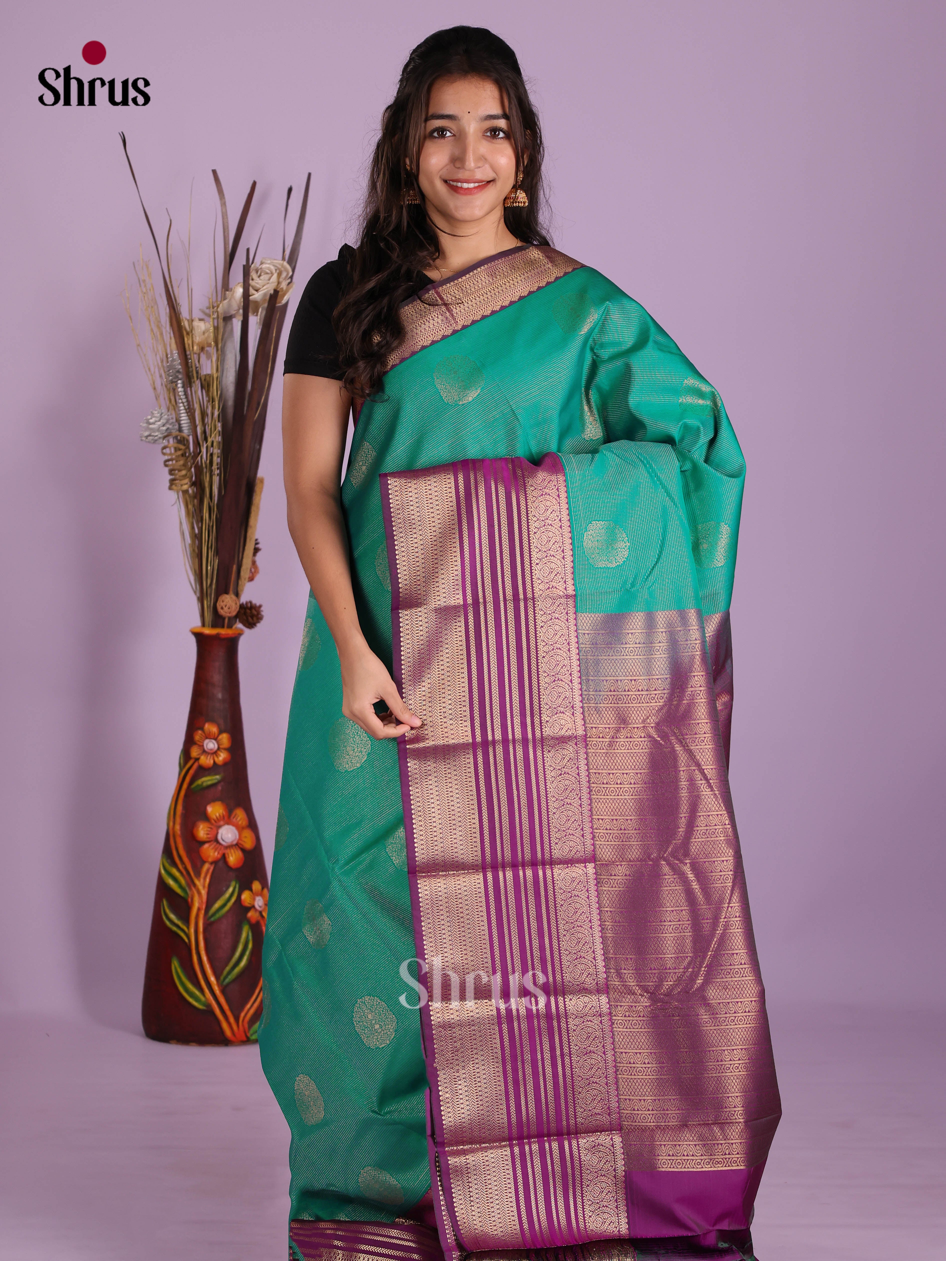 Green & Purple - Semi Kanchipuram Saree
