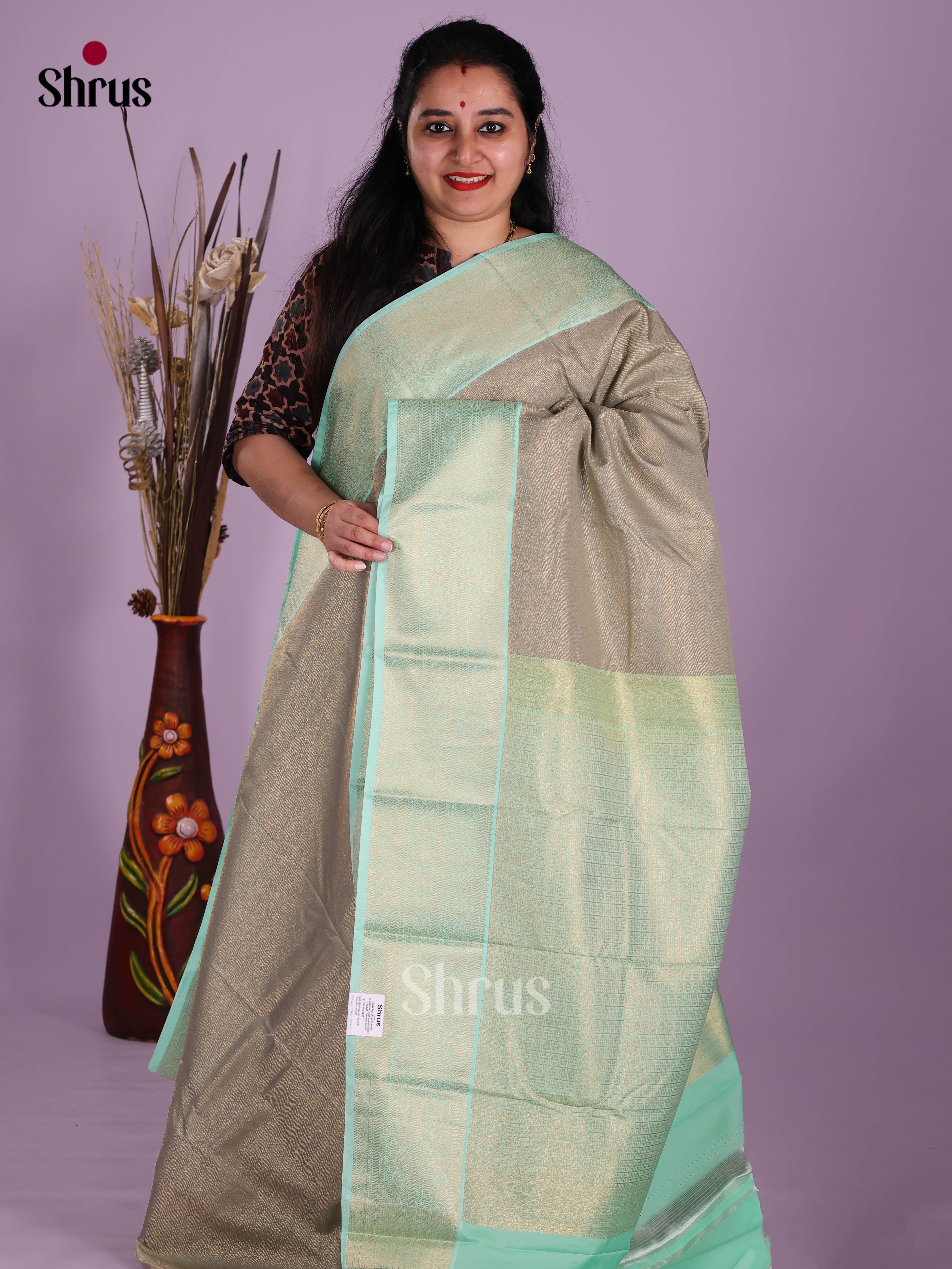 Grey & Aqua Blue - Semi Kanchipuram Saree