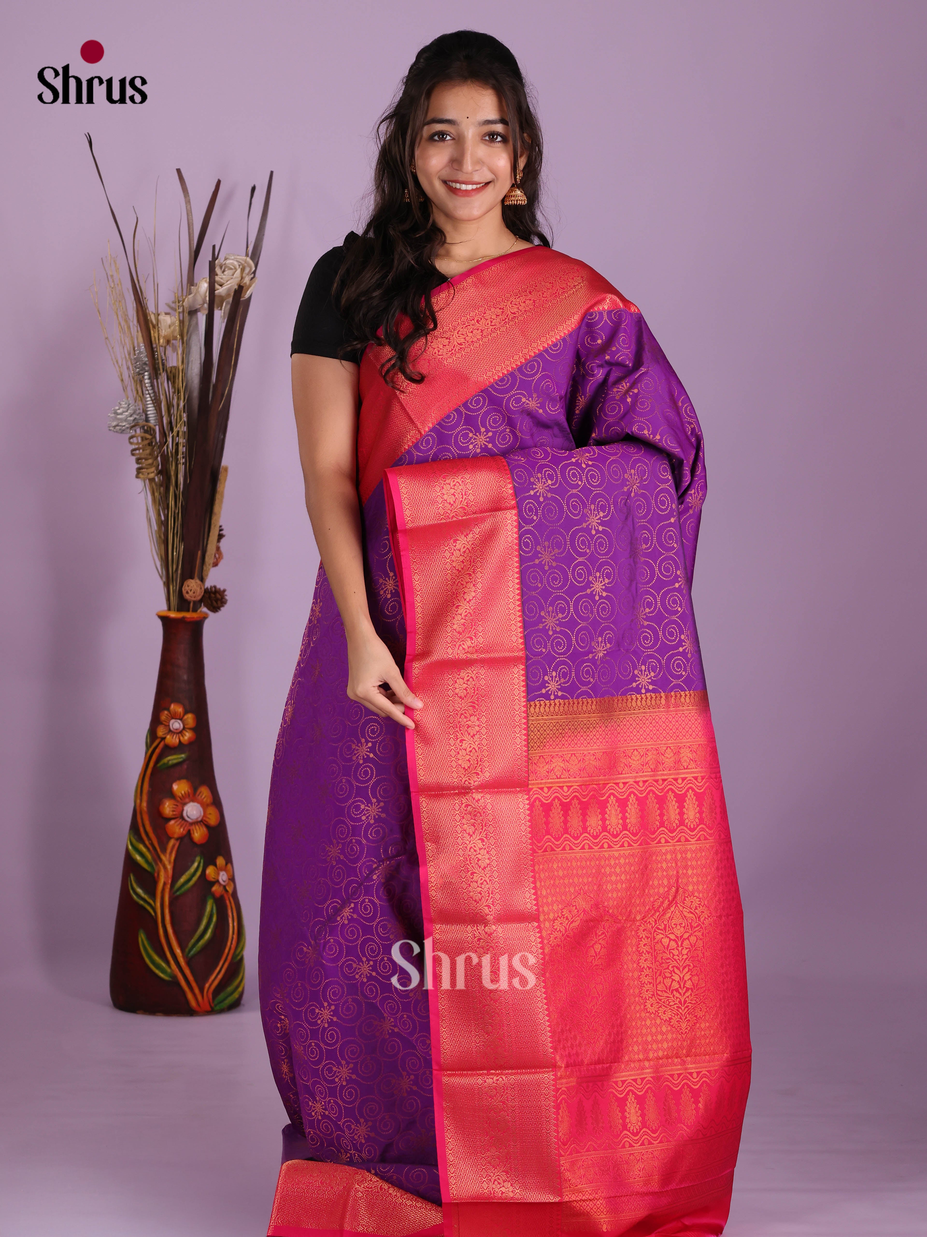 Violet & Red - Semi Kanchipuram Saree - Shop on Shrus.com