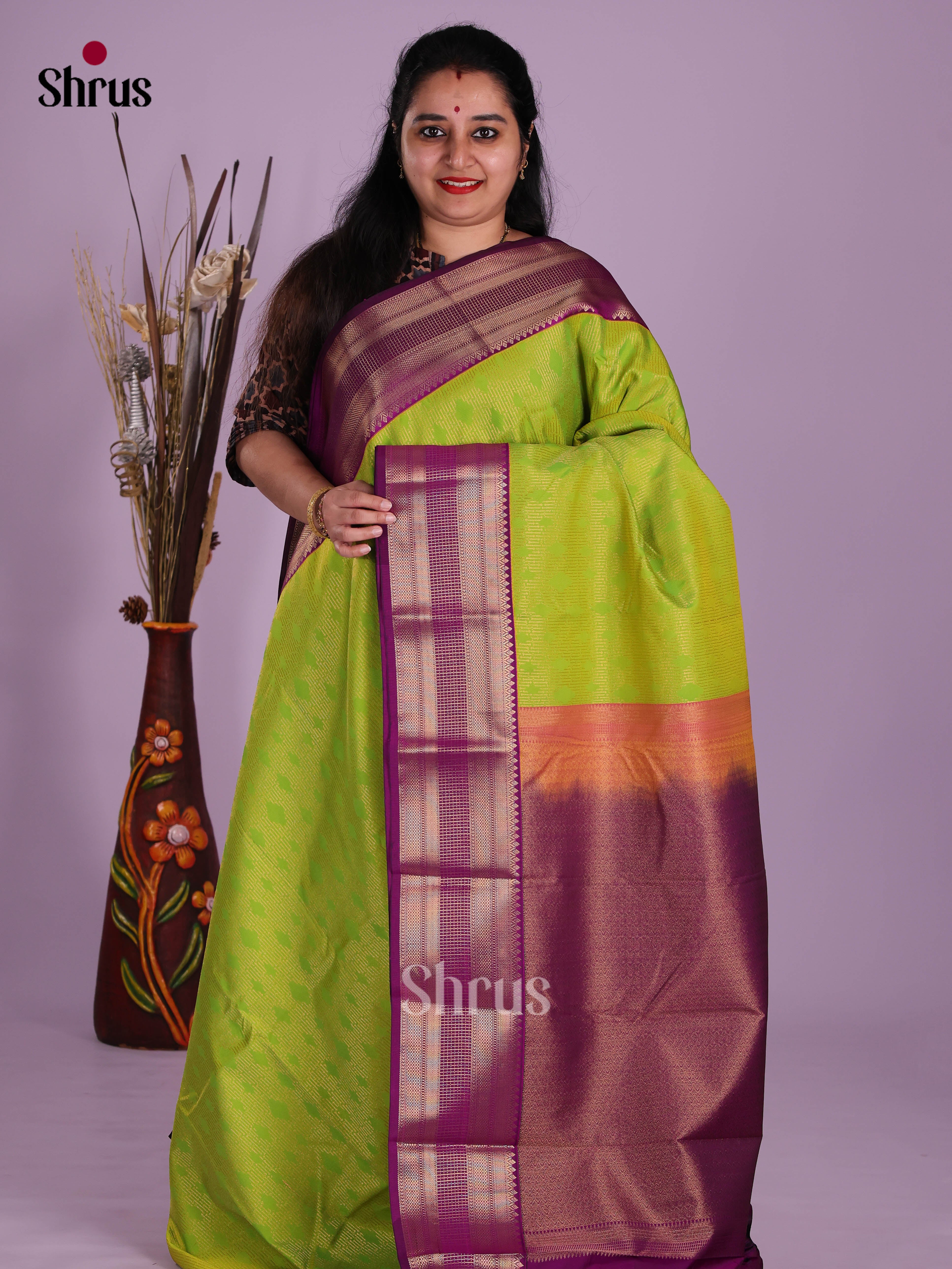 Light Green & Purple - Semi Kanchipuram Saree