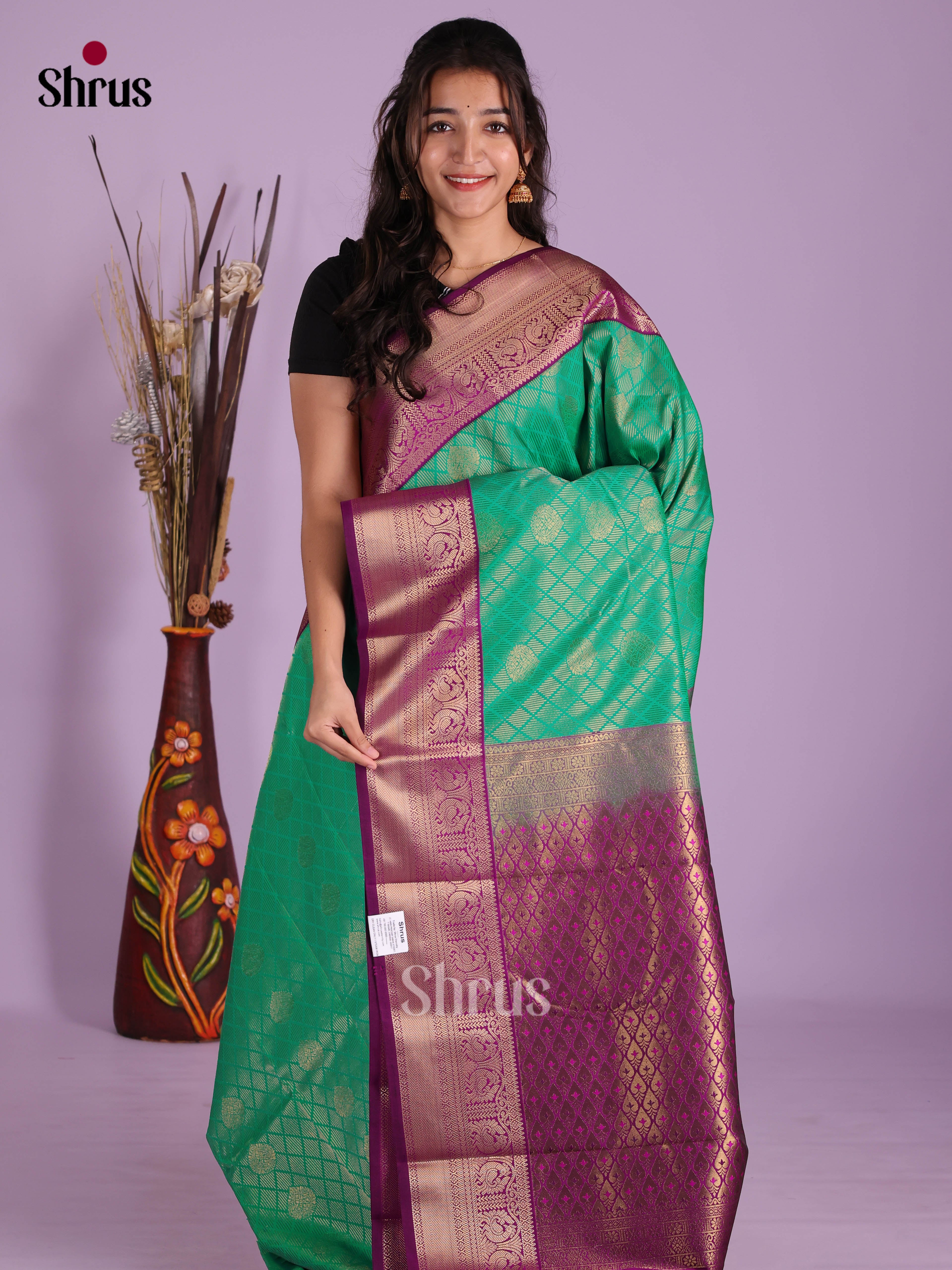 Green & Purple - Semi Kanchipuram Saree - Shop on Shrus.com