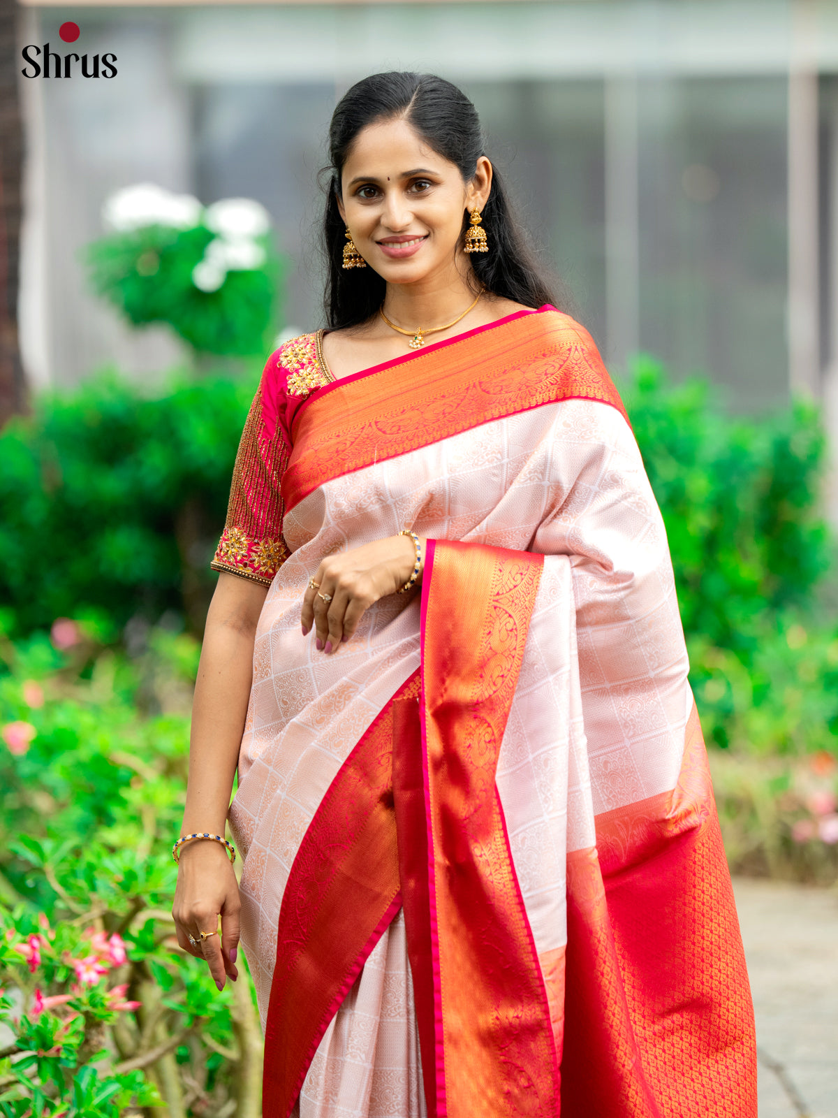White & Pink - Semi Kanchipuram Saree