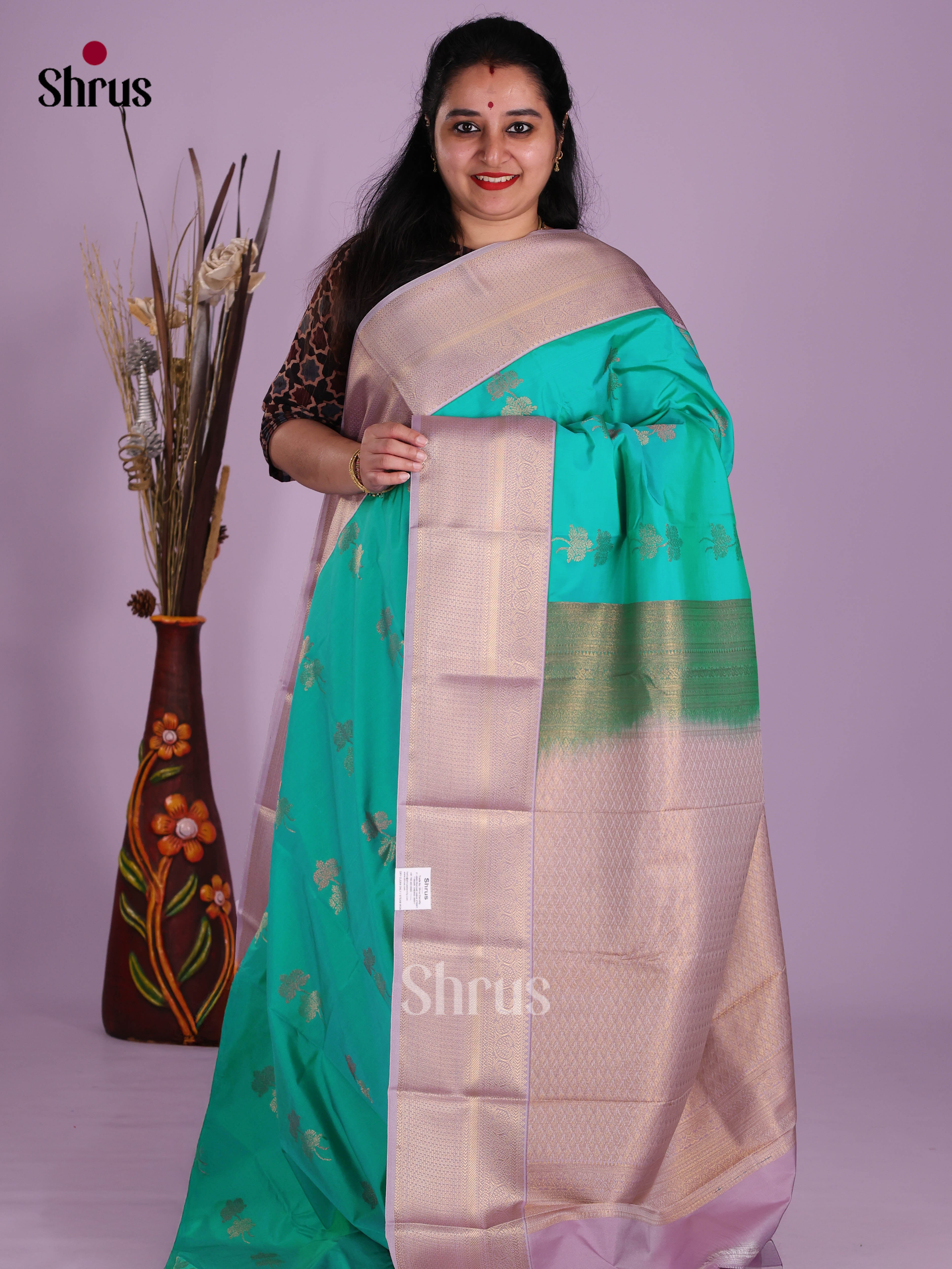 Teal & Lavender - Semi Kanchipuram Saree - Shop on Shrus.com