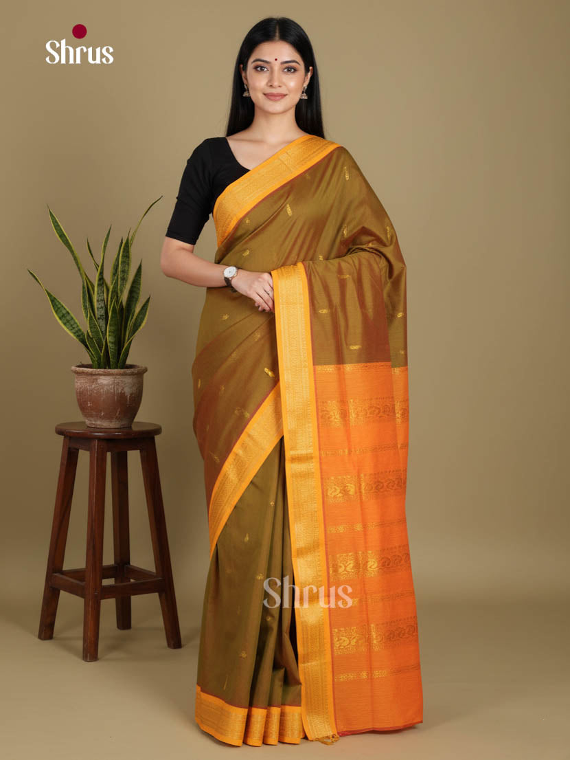 Mehandi & Orange - Kalyani Cotton Saree