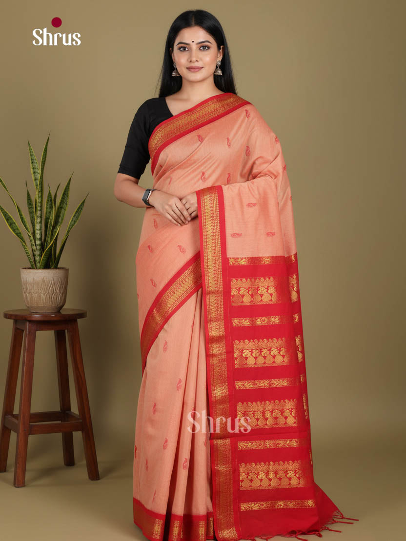 Peachish Pink & Red - Kalyani Cotton Saree - Shop on Shrus.com