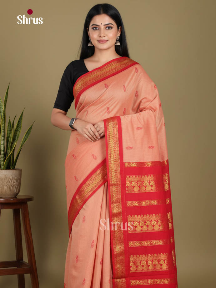 Peachish Pink & Red - Kalyani Cotton Saree - Shop on Shrus.com