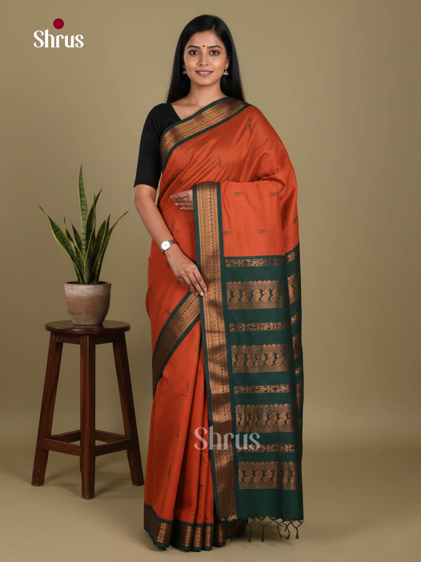 Orange & Green - Kalyani Cotton Saree - Shop on Shrus.com