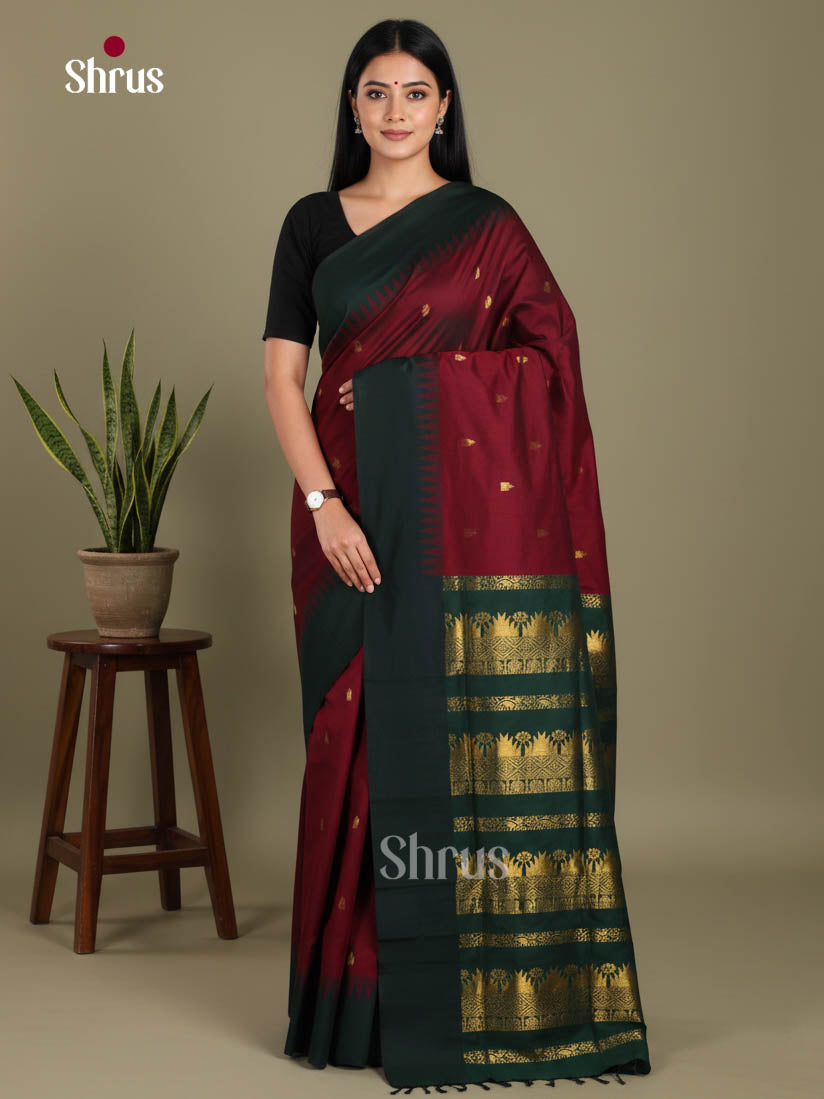 Maroon & Green- Kalyani Cotton Saree - Shop on Shrus.com