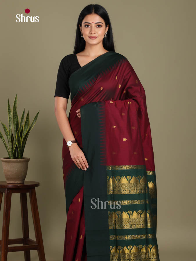 Maroon & Green- Kalyani Cotton Saree - Shop on Shrus.com