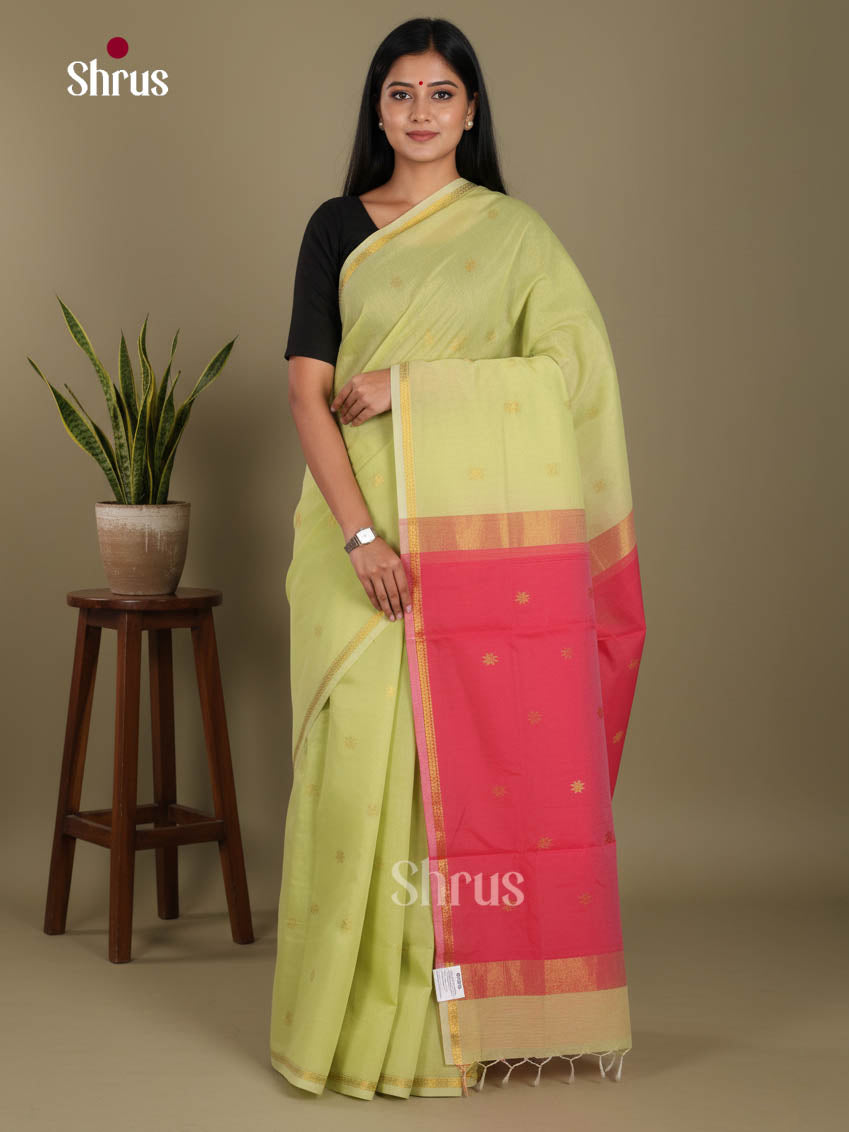 Light Green & Orangish Pink - Semi Maheshwari Saree