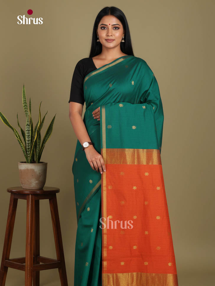 Green & Orange - Semi Maheshwari Saree