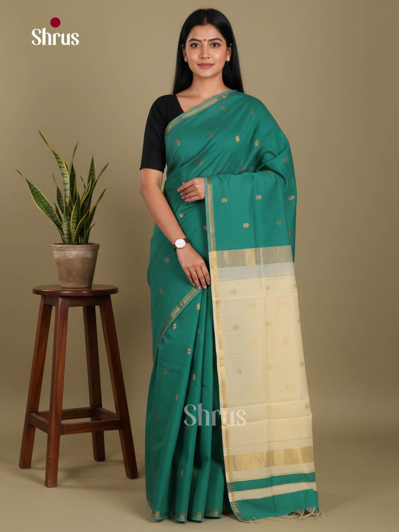 Green & Cream - Semi Maheshwari Saree