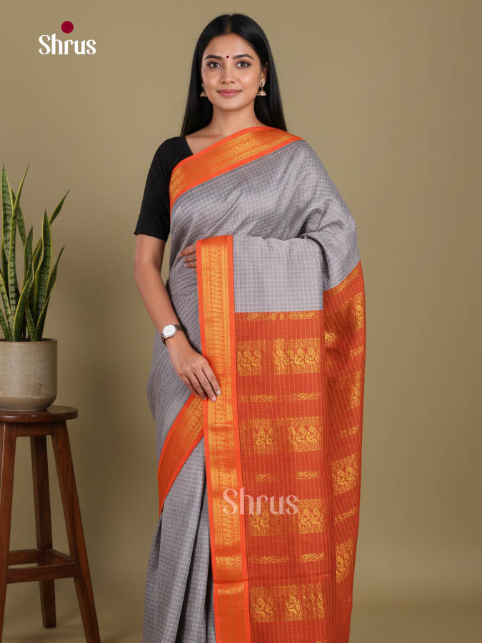 Grey & Orange- Kalyani Cotton Saree