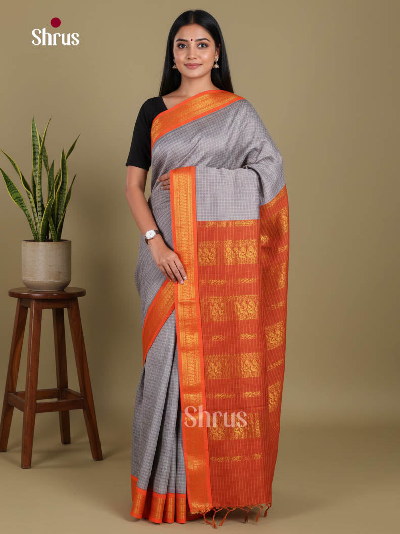 Grey & Orange- Kalyani Cotton Saree