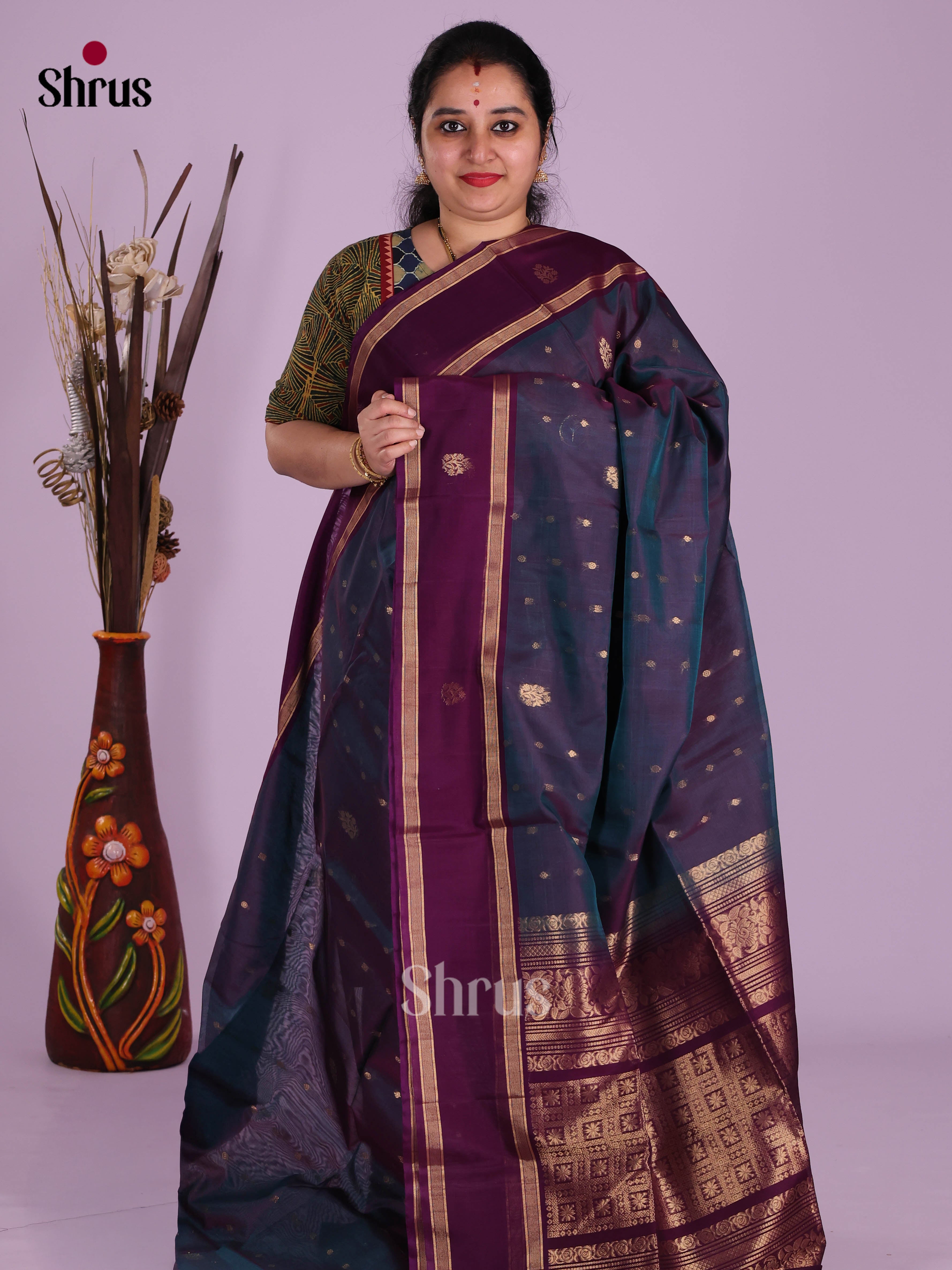 Double Shaded Peacock Blue & Wine - Timeless Silk Cotton Saree - Shop on Shrus.com