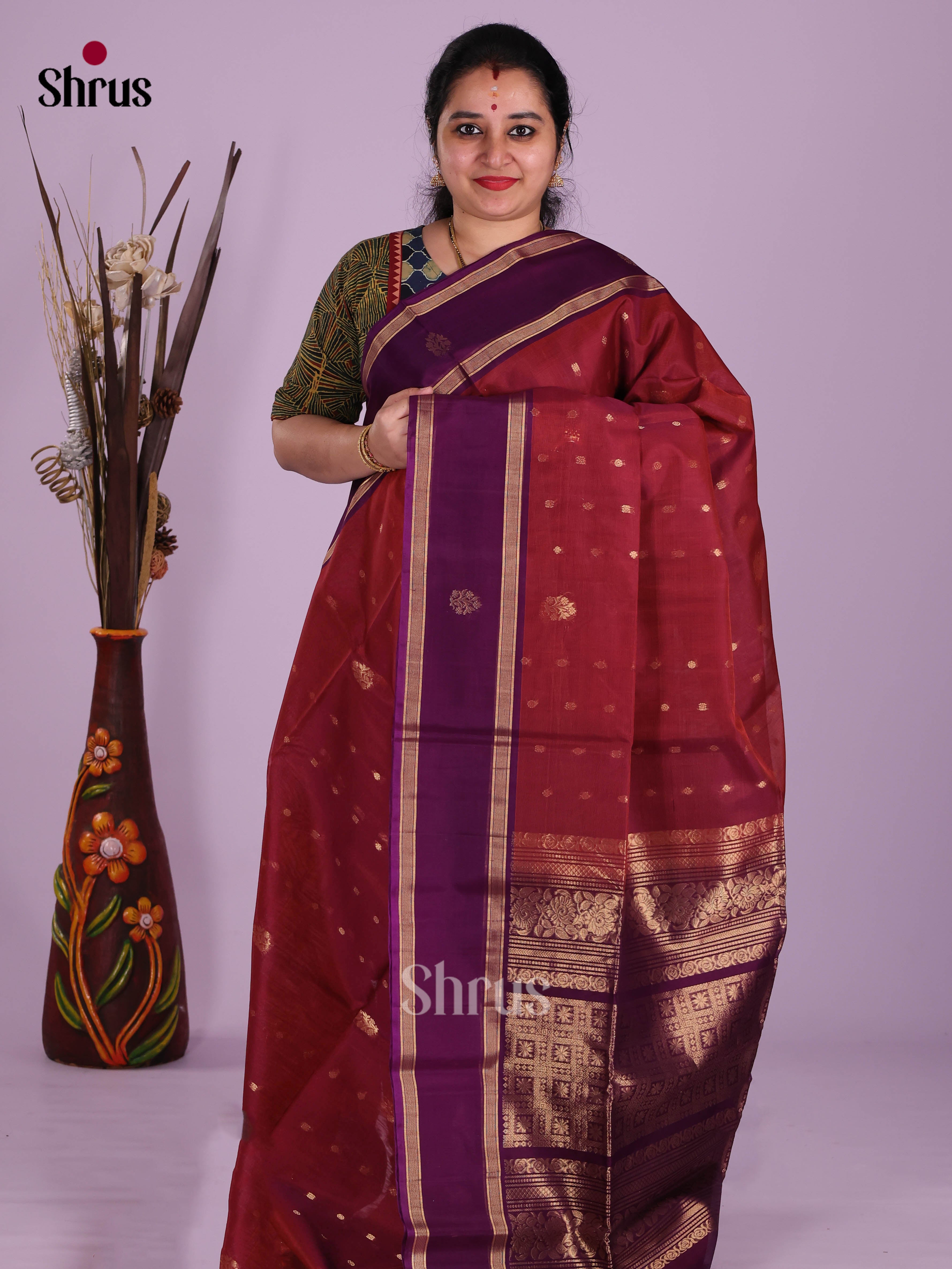 Maroon & Violet- Timeless Silk Cotton Saree - Shop on Shrus.com