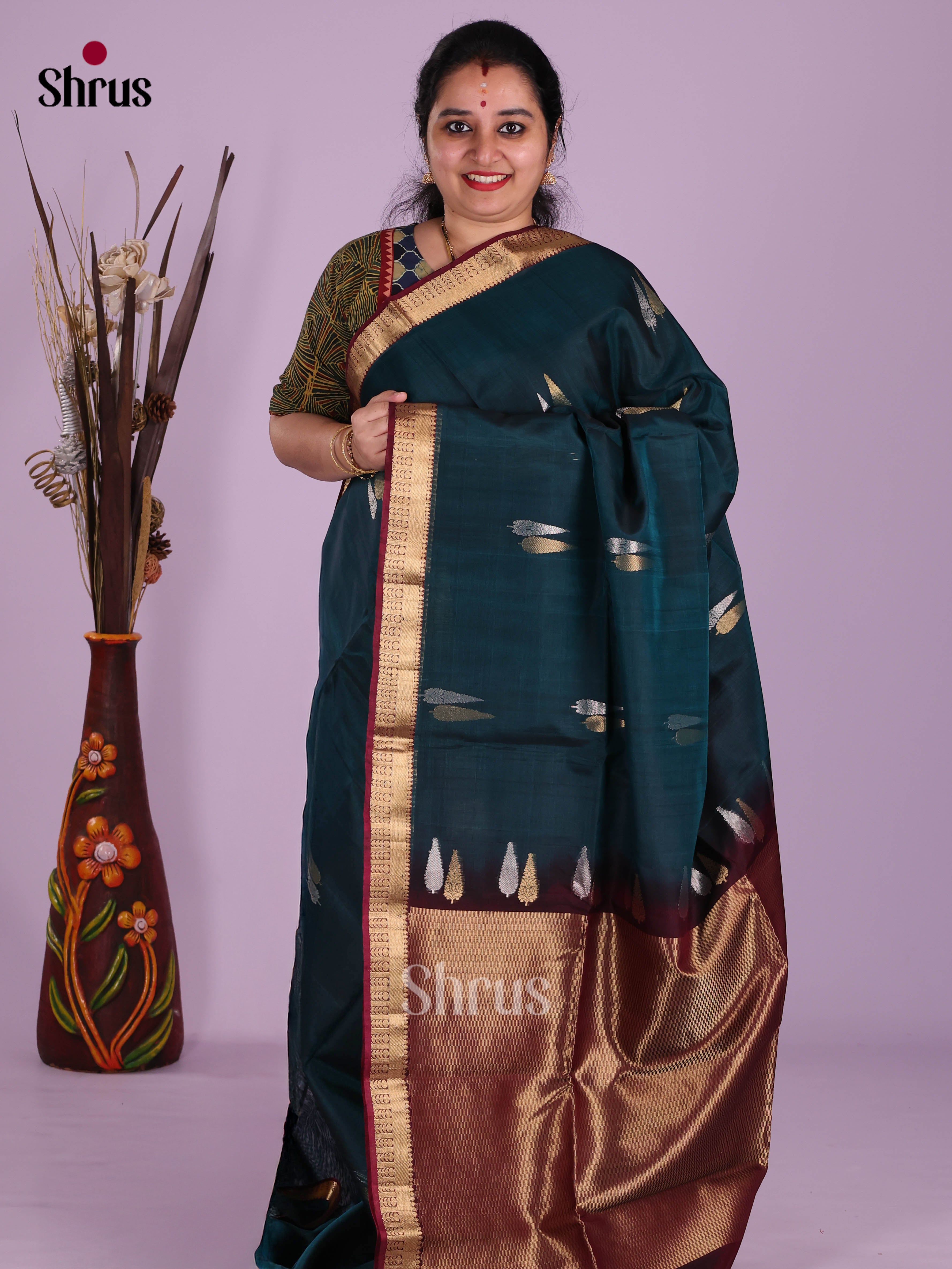 Peacock Blue & Maroon - Timeless Silk Cotton Saree