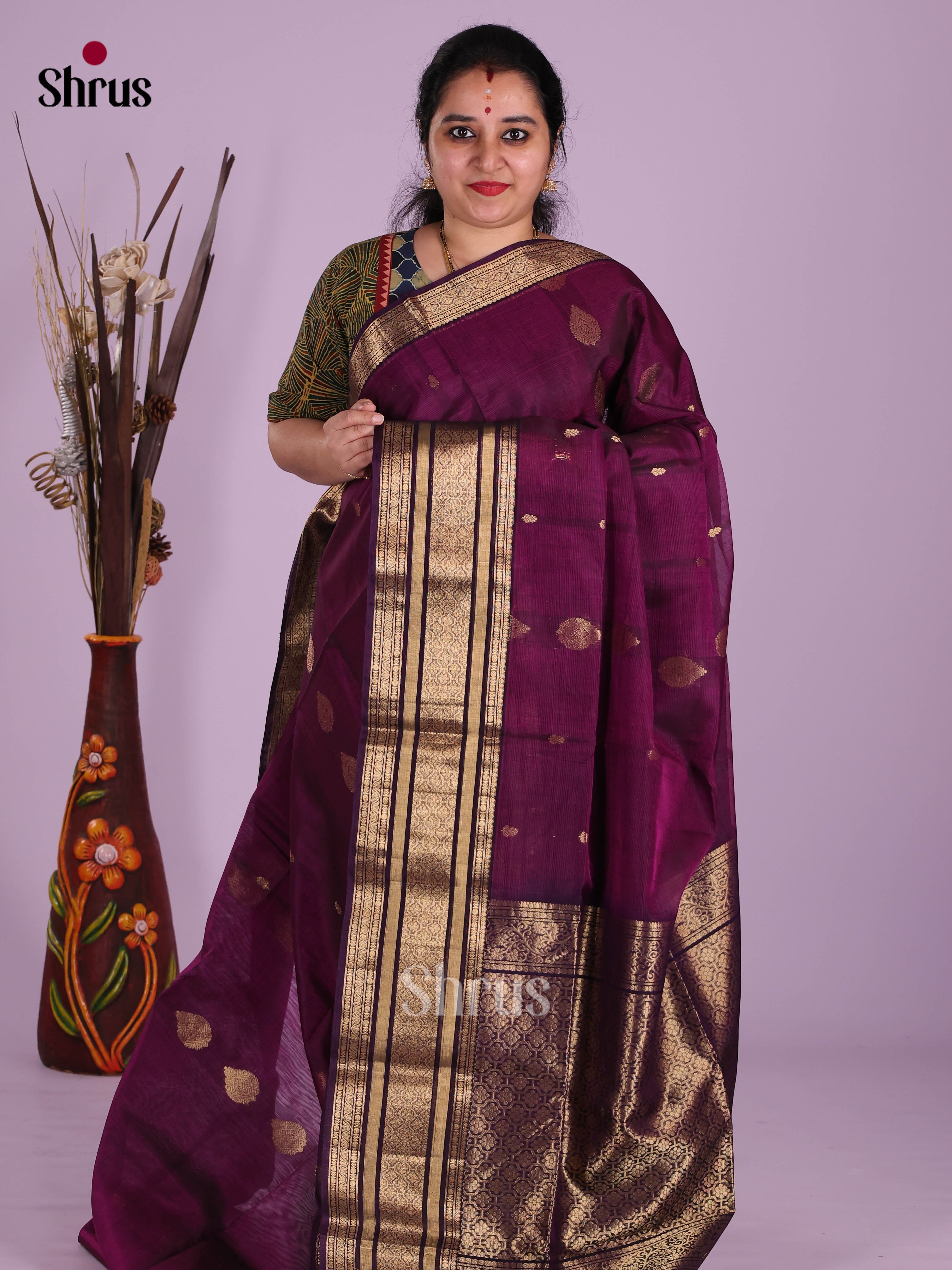 Purple - Timeless Silk Cotton Saree - Shop on Shrus.com