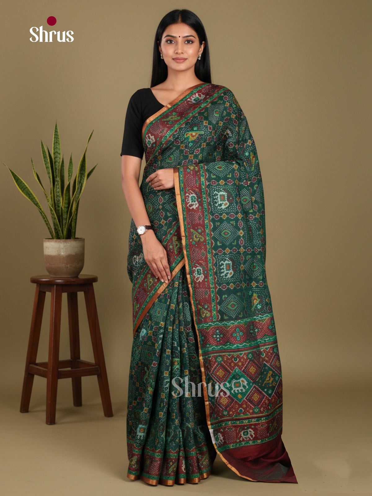 Green & Maroon - Semi Patola Saree