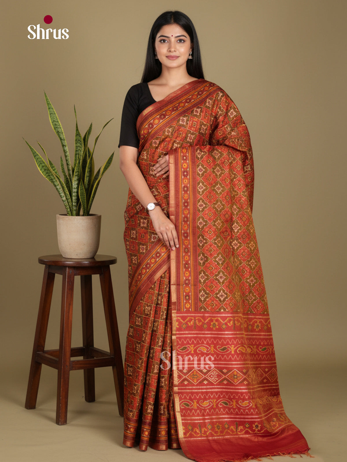 Brown & Orangish Pink - Semi Patola Saree