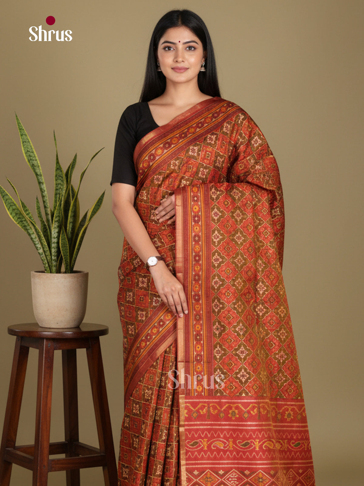 Brown & Orangish Pink - Semi Patola Saree