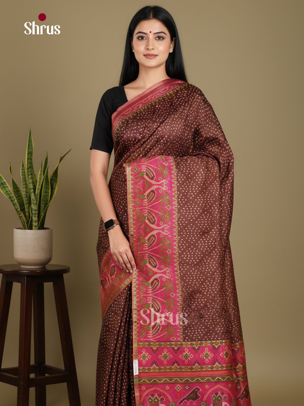 Brown & Pink - Semi Patola Saree