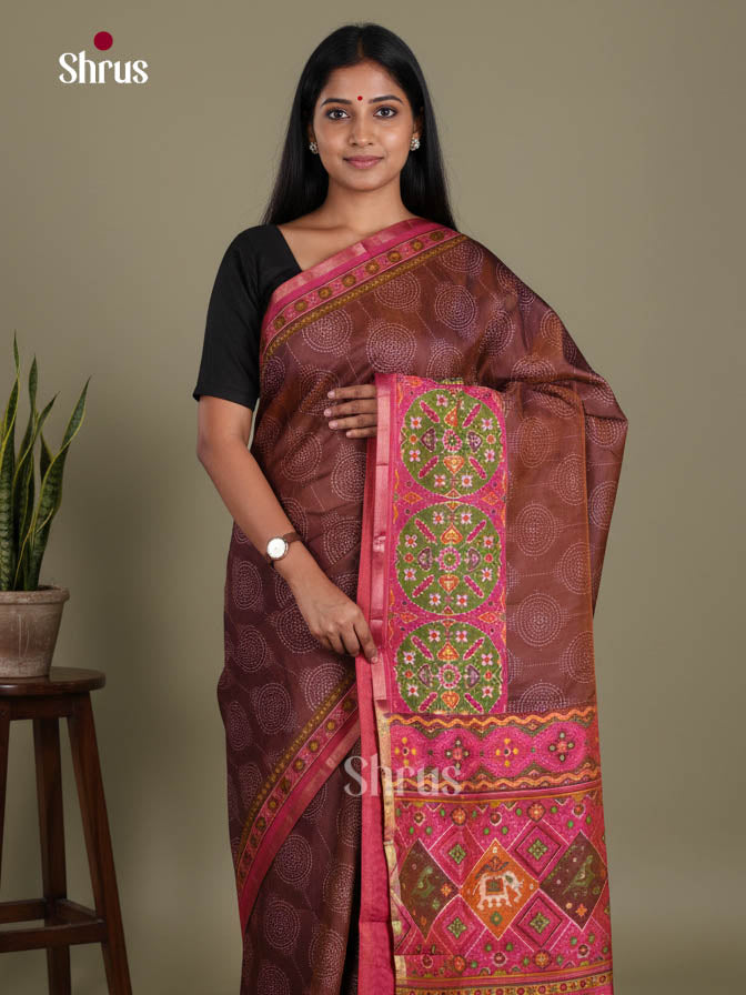 Brown & Pink- Semi Patola Saree