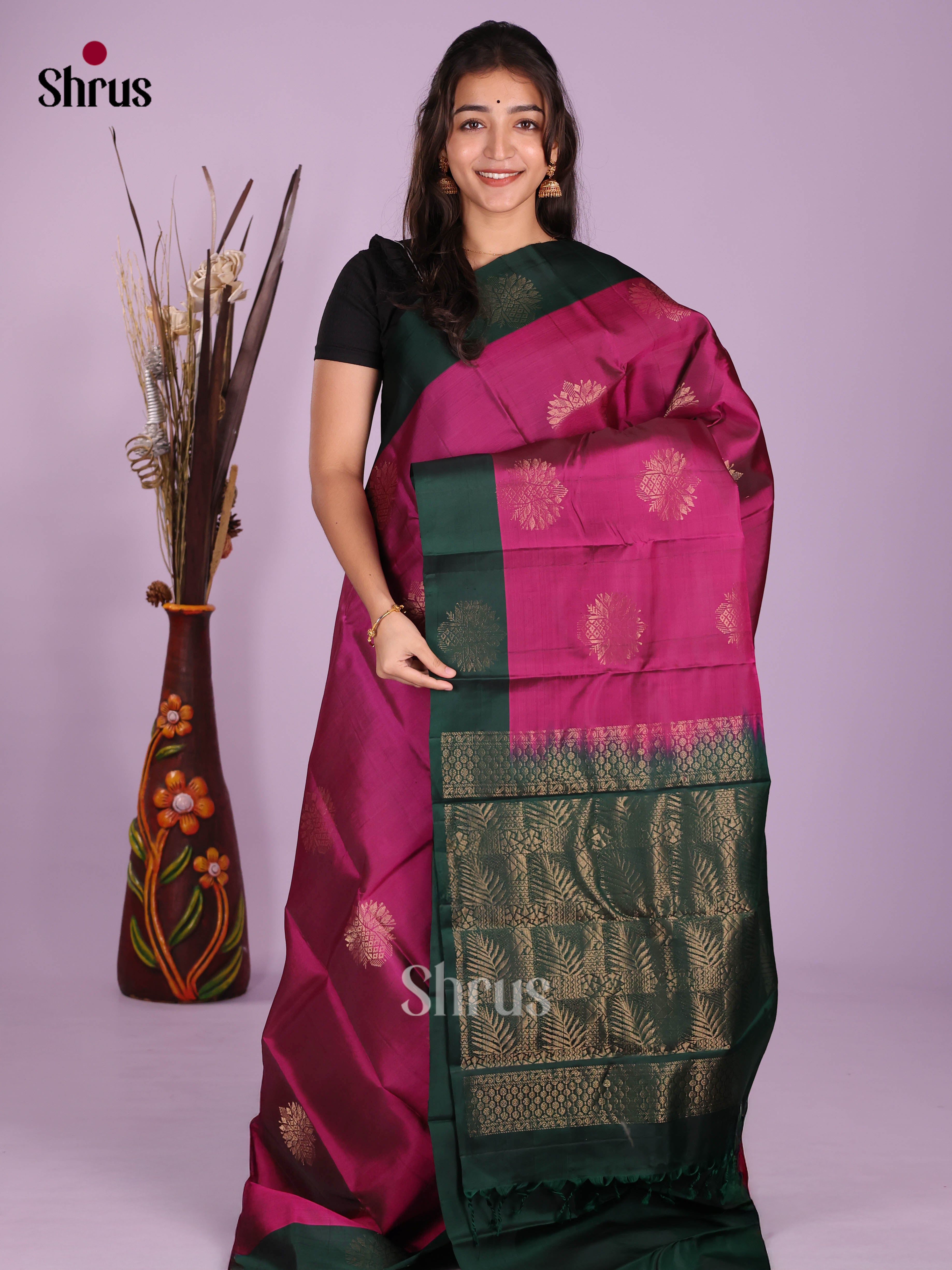 Pink & Green- Softsilk-halfpure Saree - Shop on Shrus.com