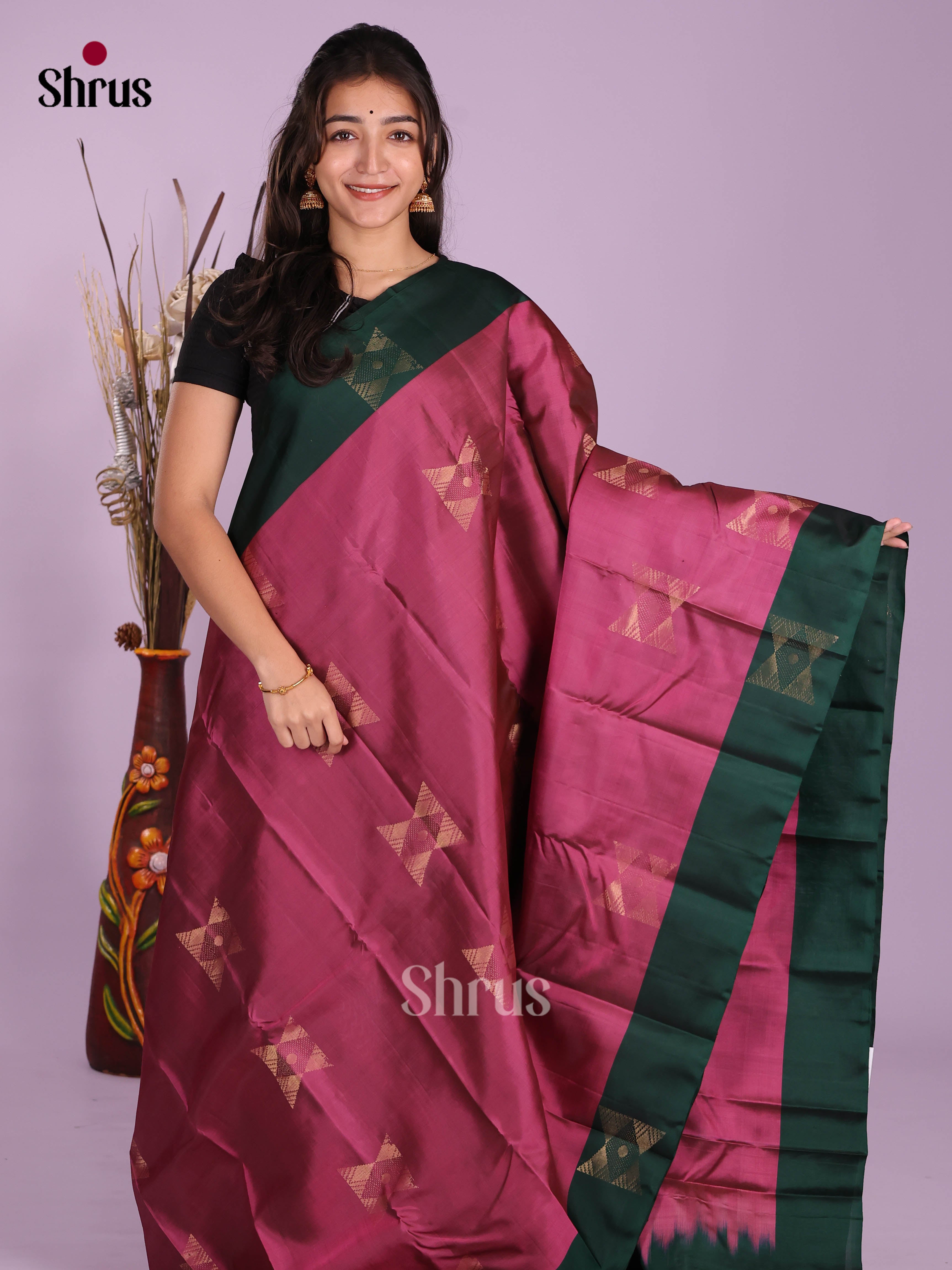 Pink & Green - Softsilk-halfpure Saree - Shop on Shrus.com