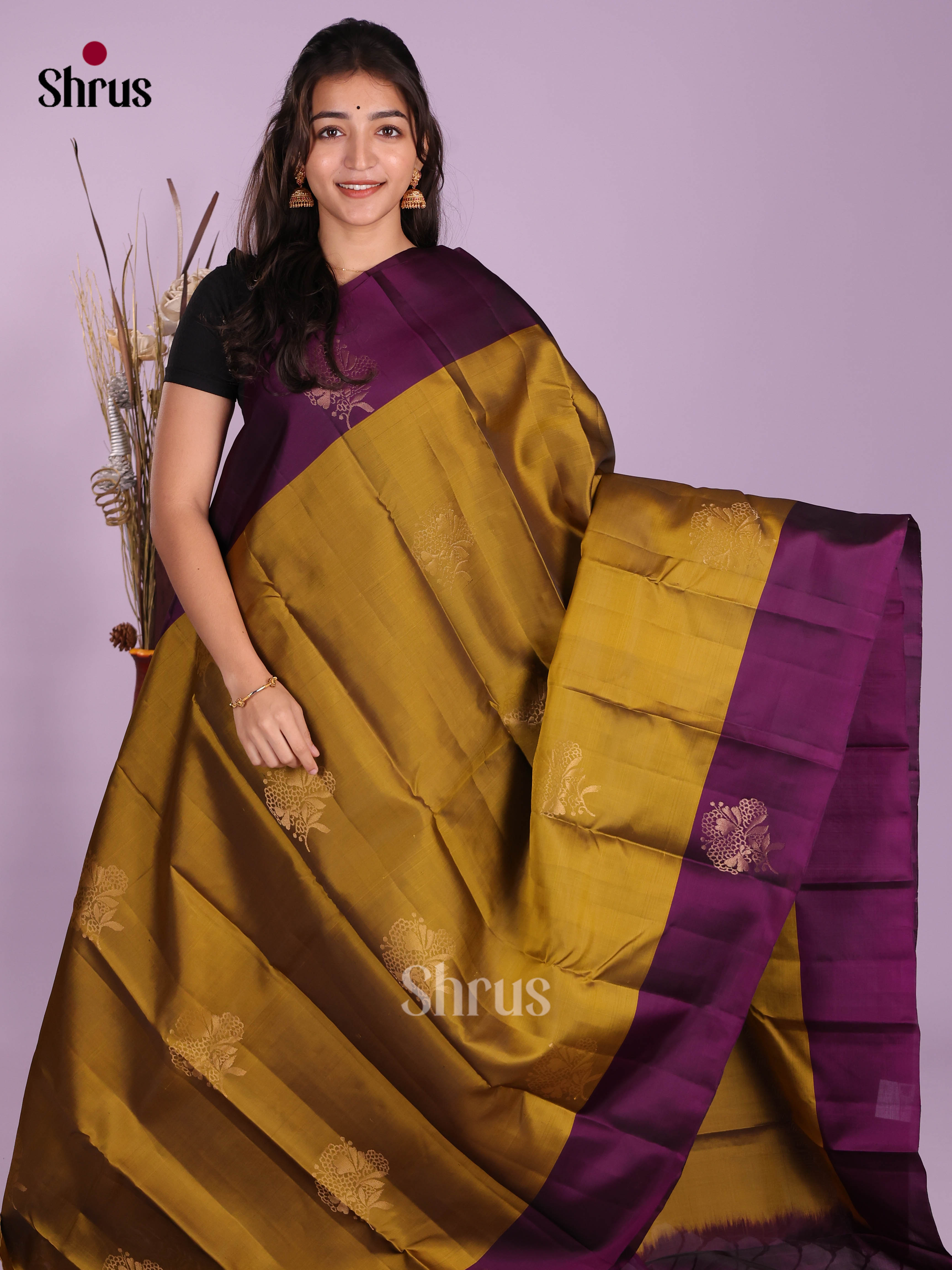 Mehandi & Violet- Softsilk-halfpure Saree - Shop on Shrus.com