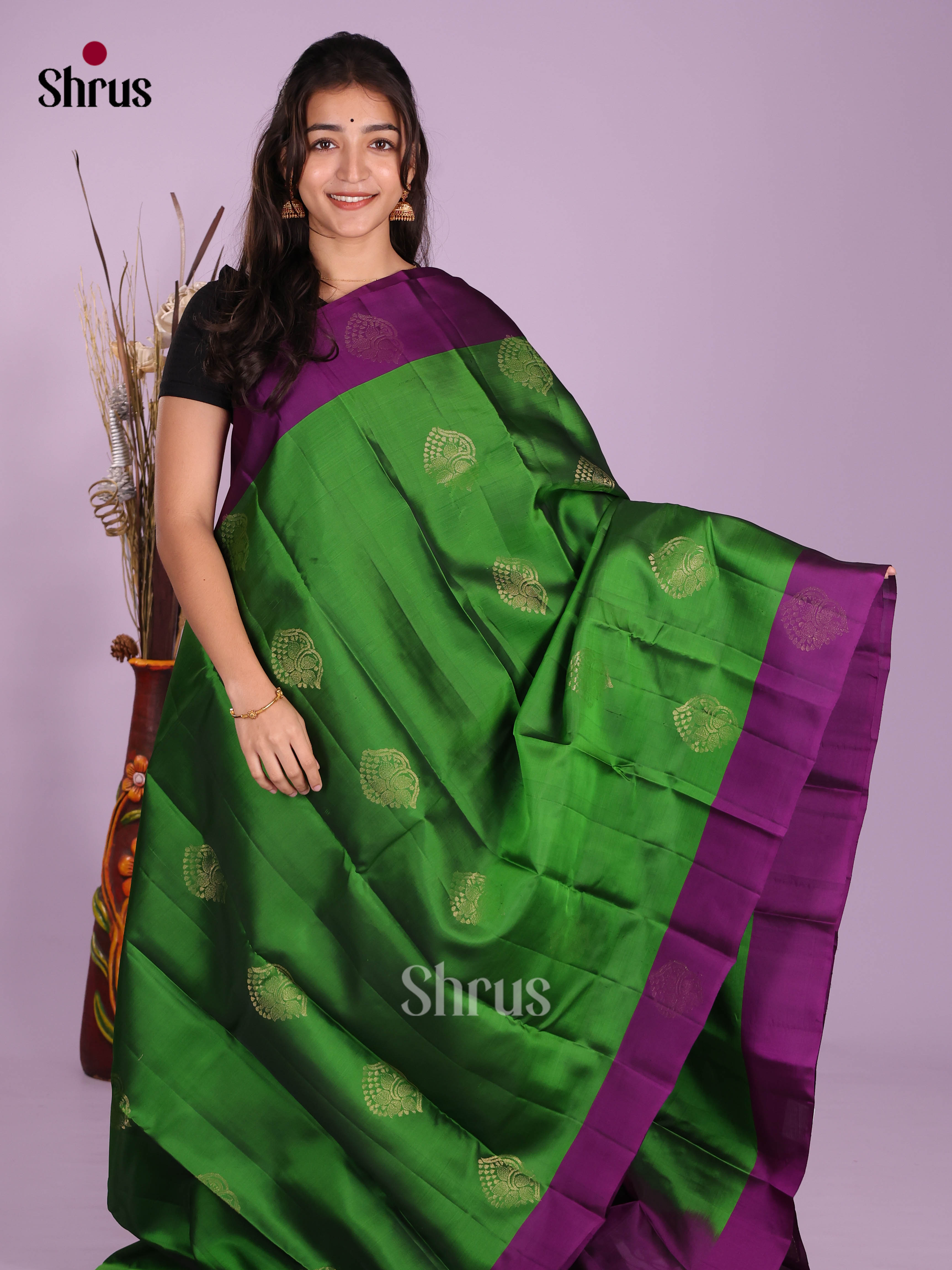 Green & Violet- Softsilk-halfpure Saree