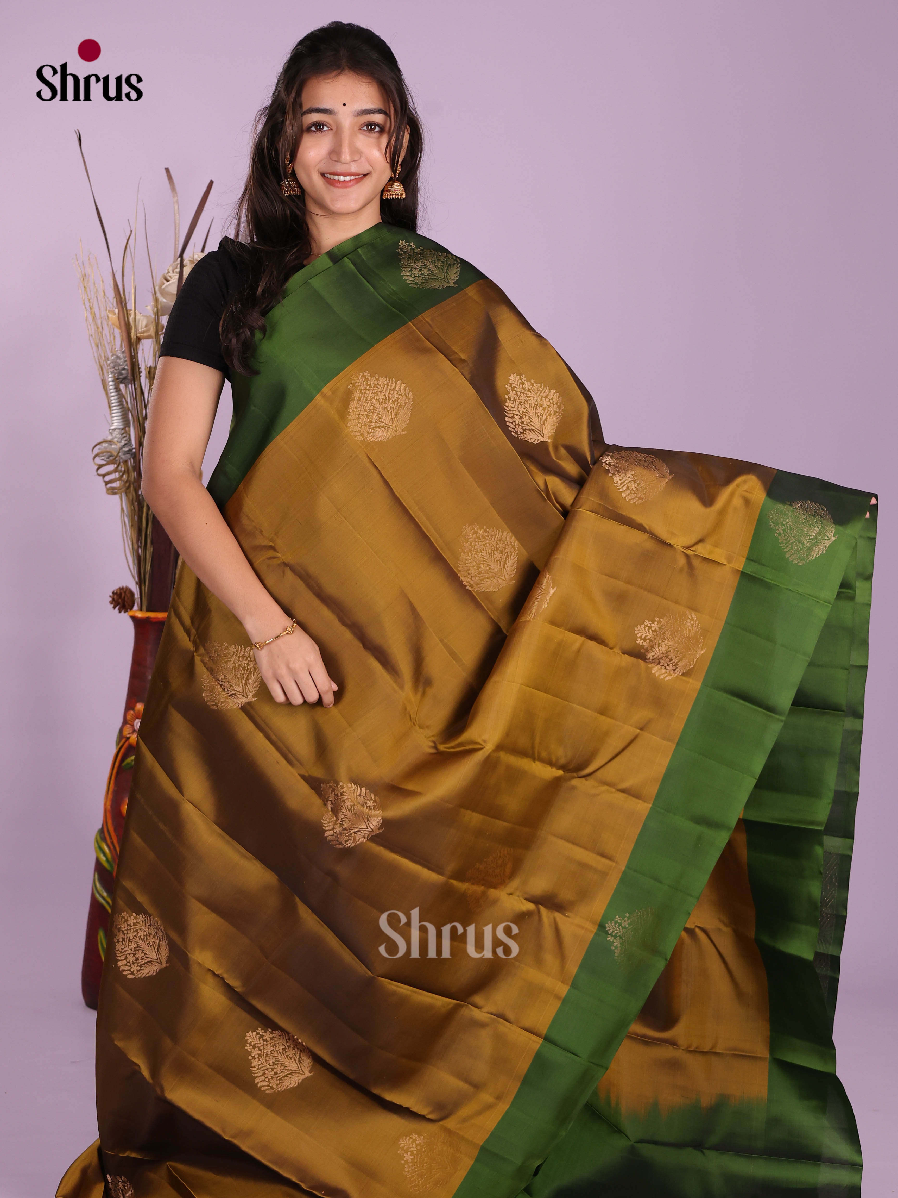 Mehandi & Green - Softsilk-halfpure Saree - Shop on Shrus.com