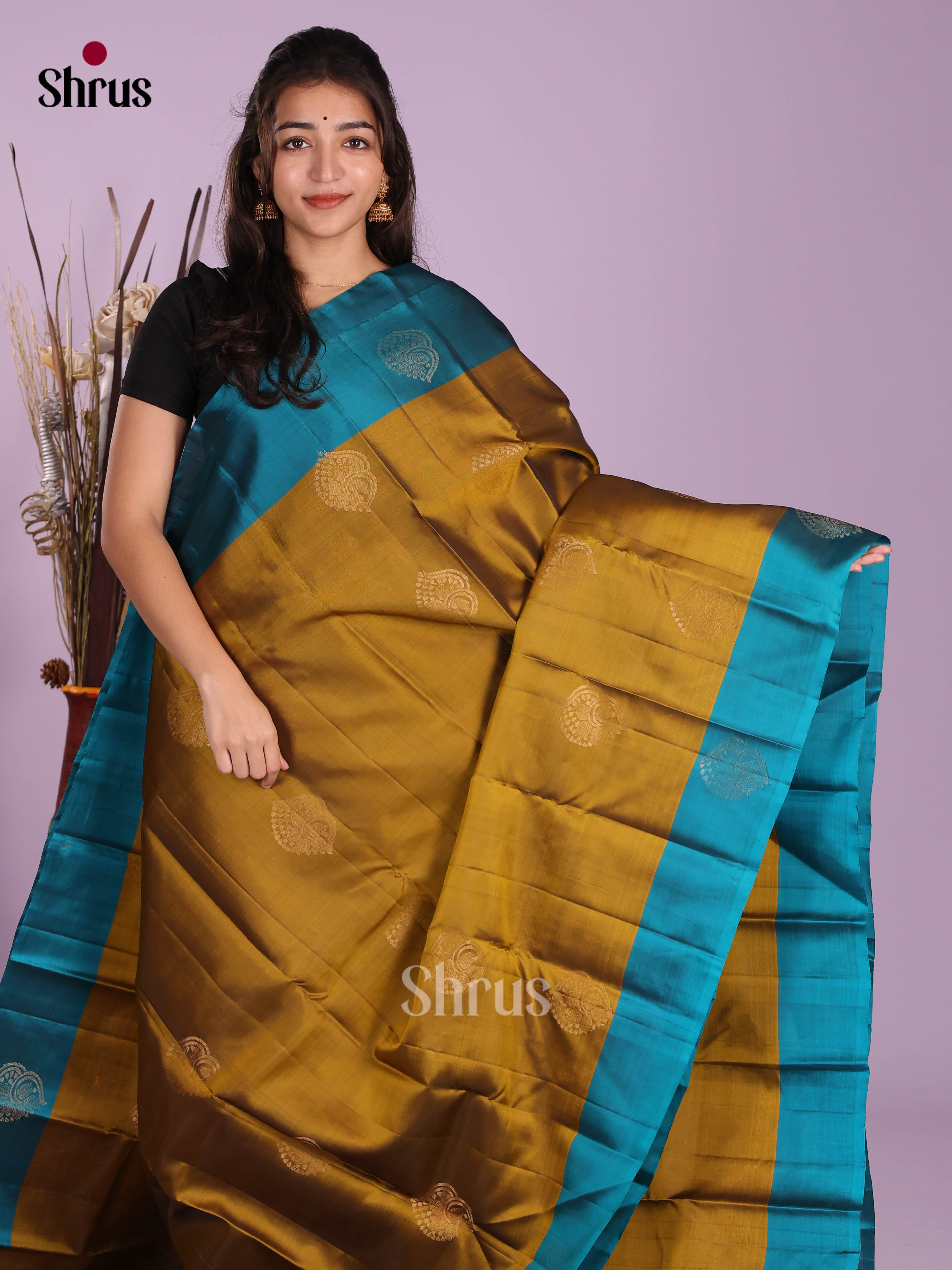 Mehandi & Blue - Softsilk-halfpure Saree