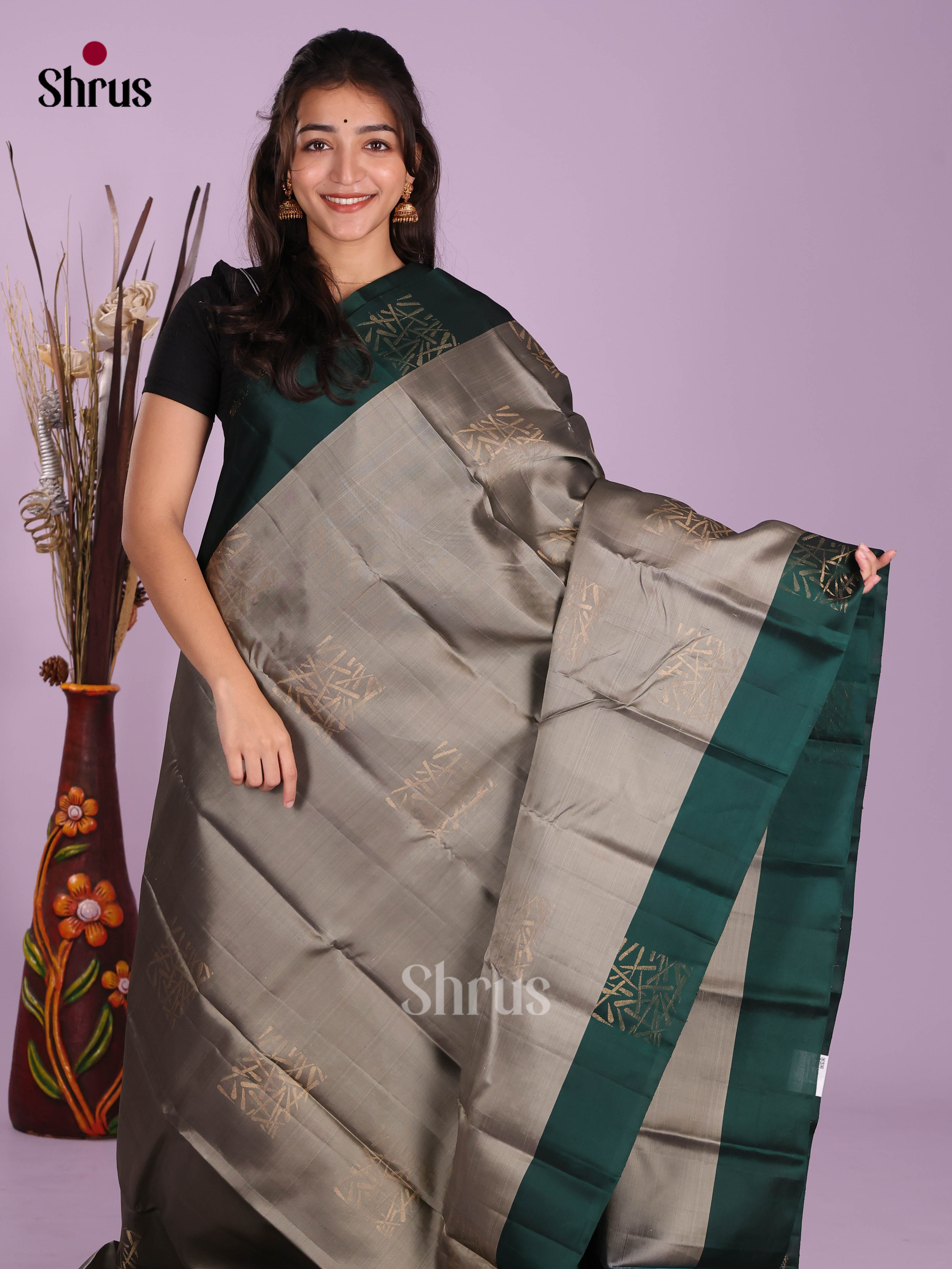 Grey & Green - Softsilk-halfpure Saree